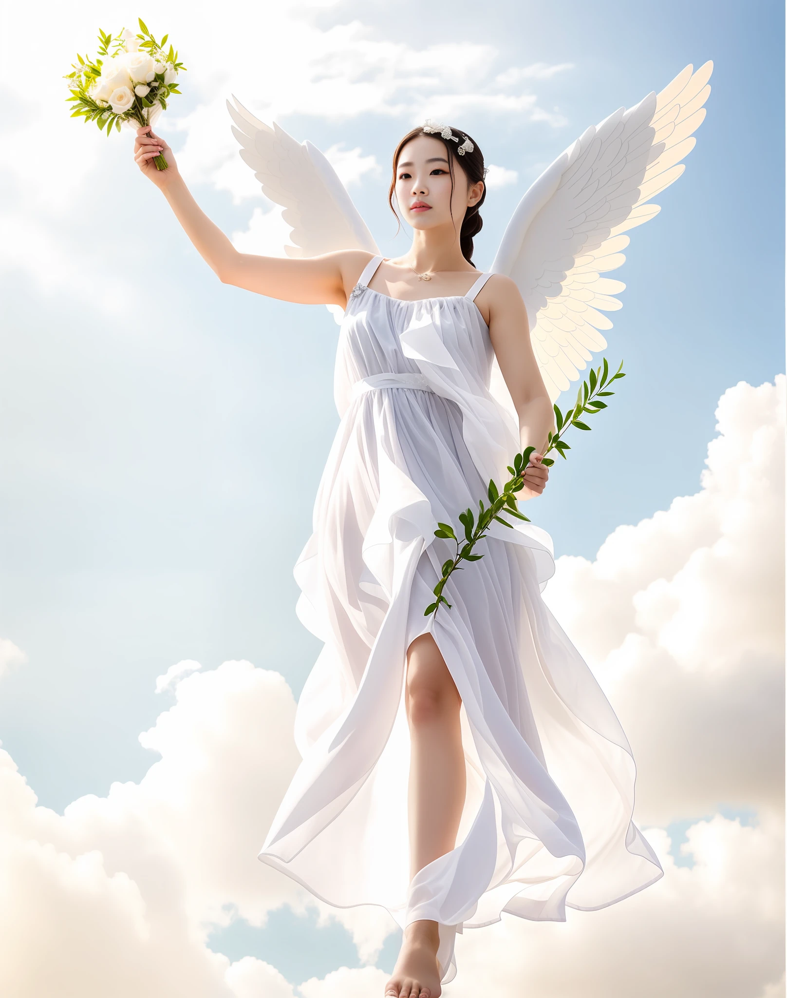 Light white gauze dress，（（Snow-white tulle dress）），Barefoot，The characters are bright and natural，The characters are beautiful，beautiful angel, tall female angel，