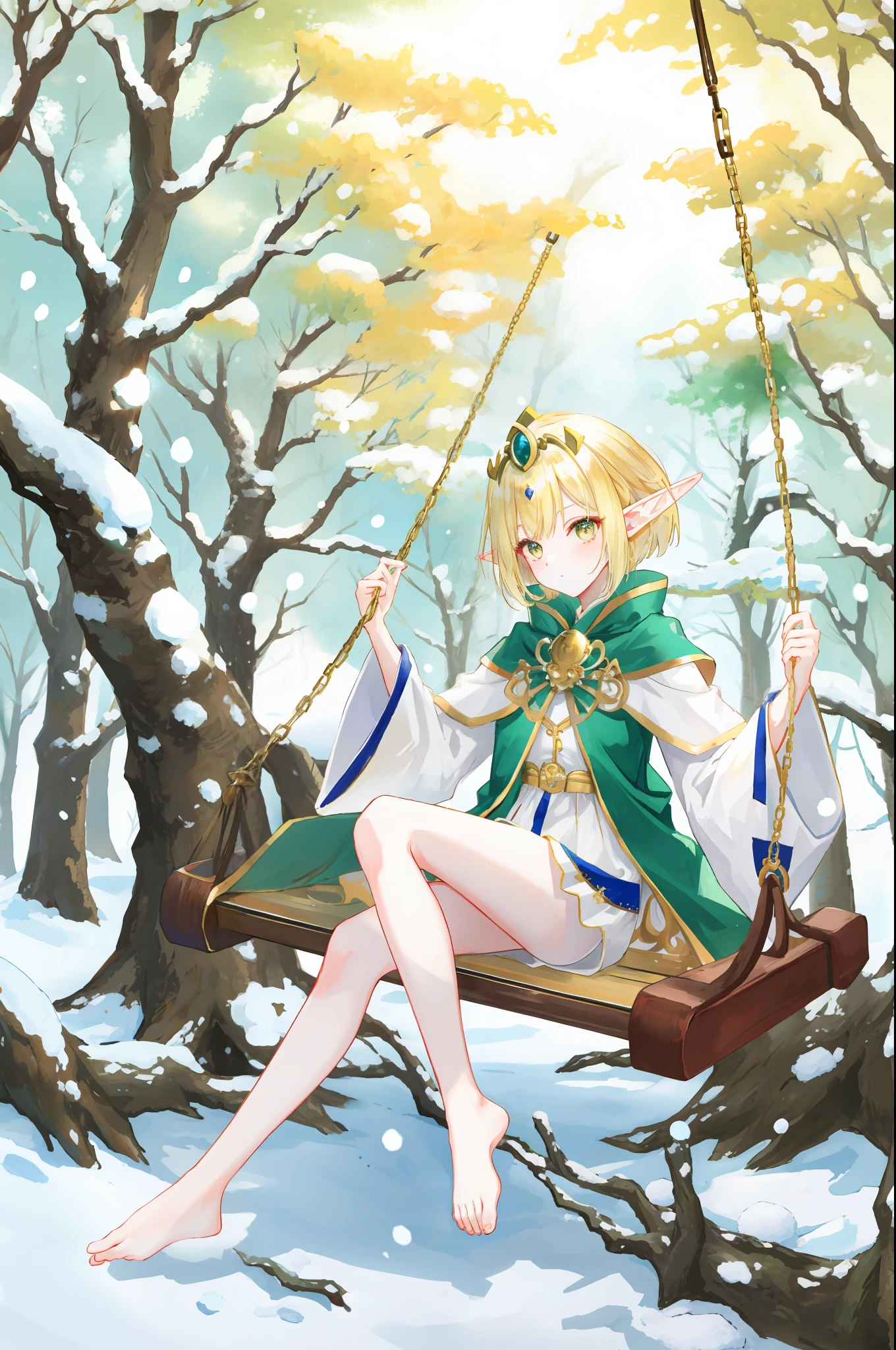 coiffed blonde hair,gold eyes,Elf Princess,white clothes,Sit on a swing in the forest,Bare-legged jade feet,Snow-white skin,tmasterpiece,Ultra high quality