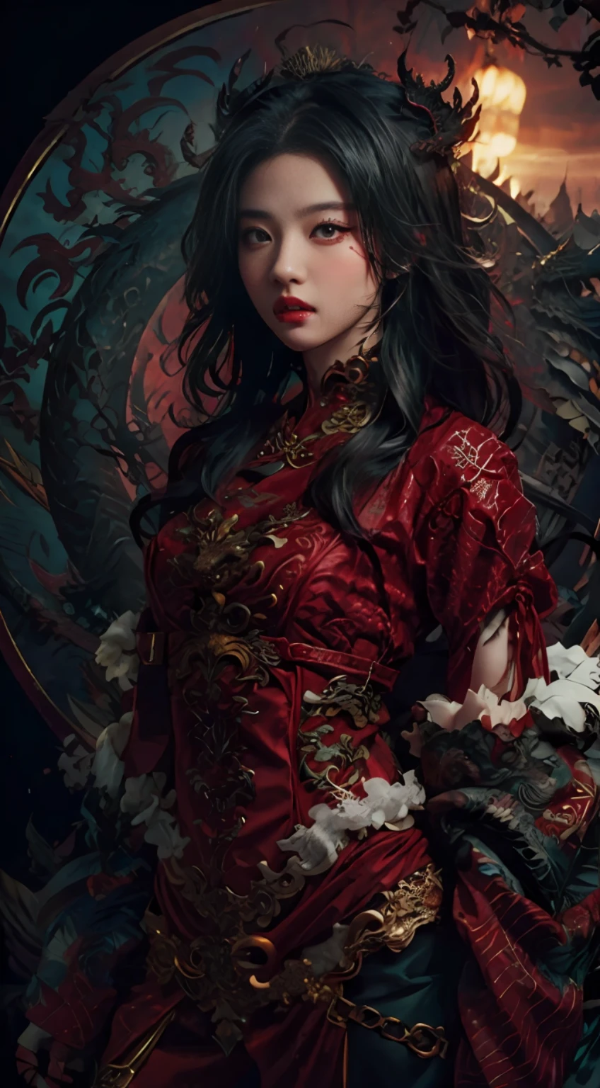 Dragon tattoo woman in red clothes