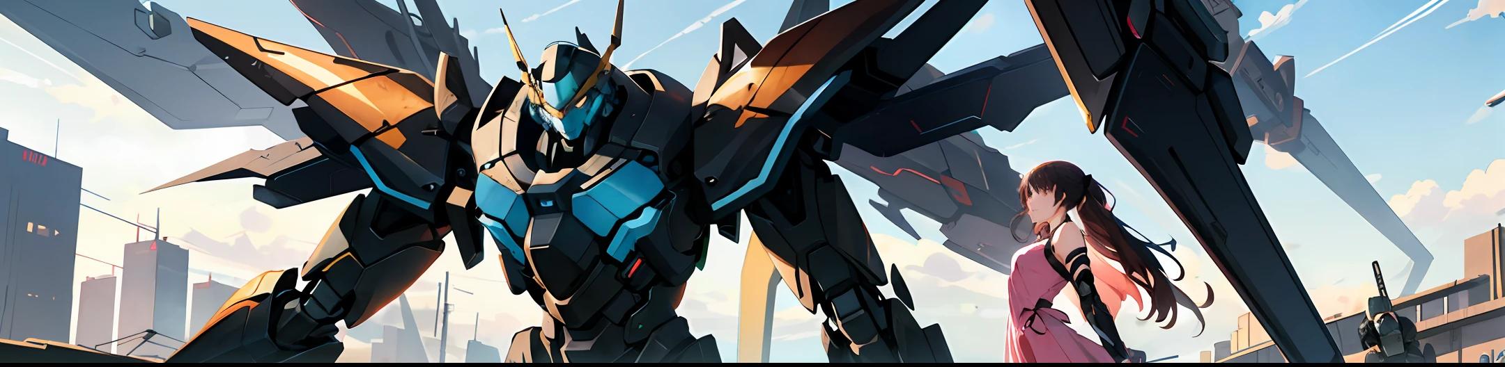 A woman in a pink dress stands on the shoulders of a giant robot,Trends on CGiStations,Mecha network armor girl,cyberpunk anime girls mecha,anime mecha aesthetic,d。VA from Overwatch,Chrono Fortress style,Anime manga robot!animemanga girl, Makoto Shinkai and Artgerm, trending at cgstation, Mobile Suit, Female action anime girl