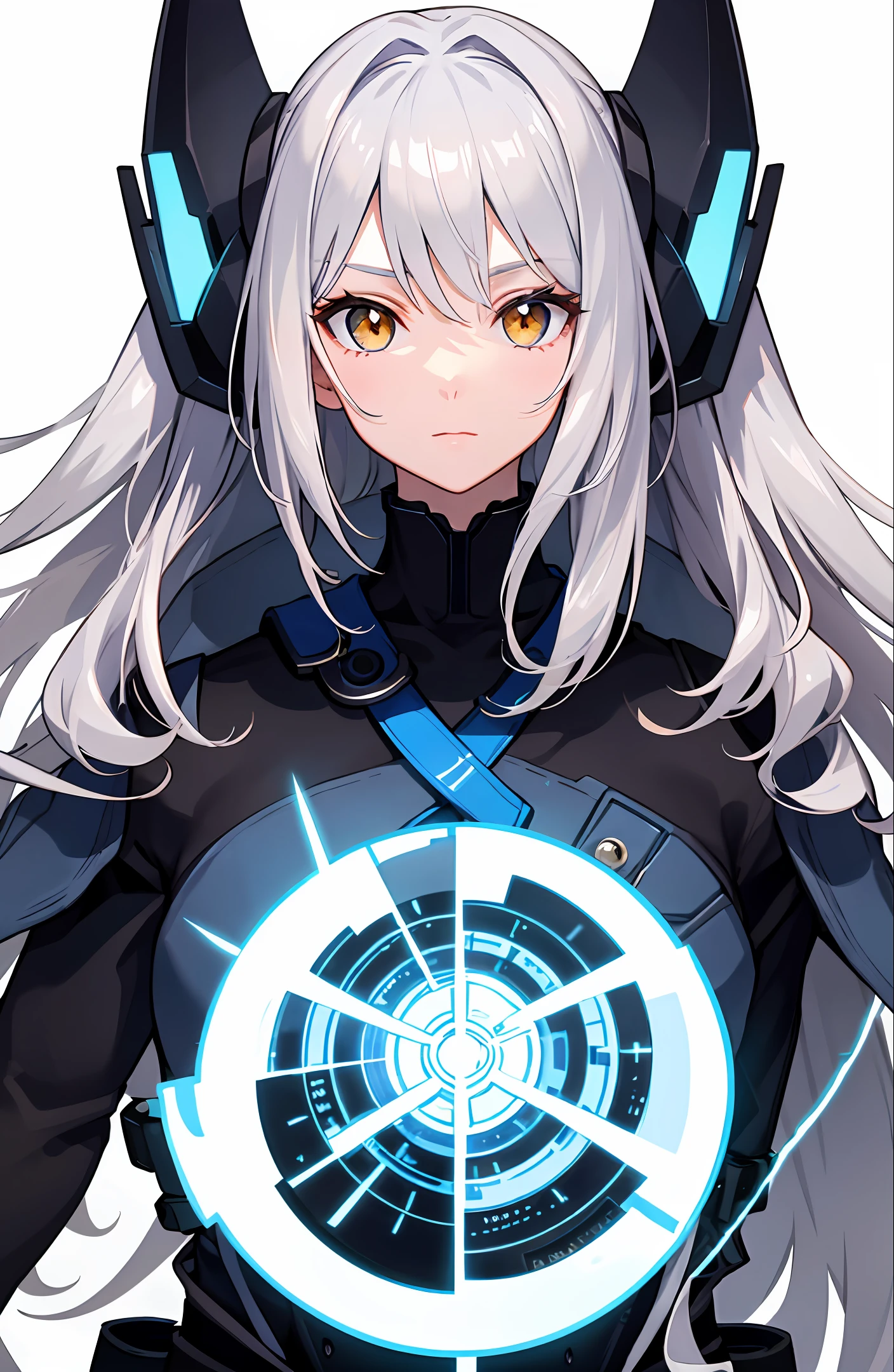 Silvery-white hair with a slight blue glow,Celluloid,4k,Golden eyes,Future tech warriors,