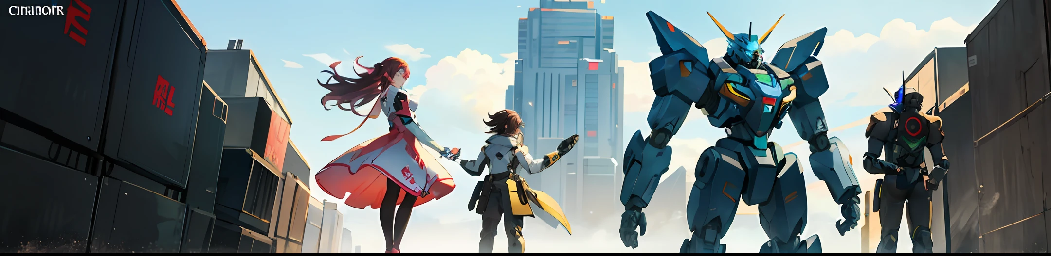 A woman in a pink dress stands on the shoulders of a giant robot,Trends on CGiStations,Mecha network armor girl,cyberpunk anime girls mecha,anime mecha aesthetic,d。VA from Overwatch,Chrono Fortress style,Anime manga robot!animemanga girl, Makoto Shinkai and Artgerm, trending at cgstation, Mobile Suit, Female action anime girl