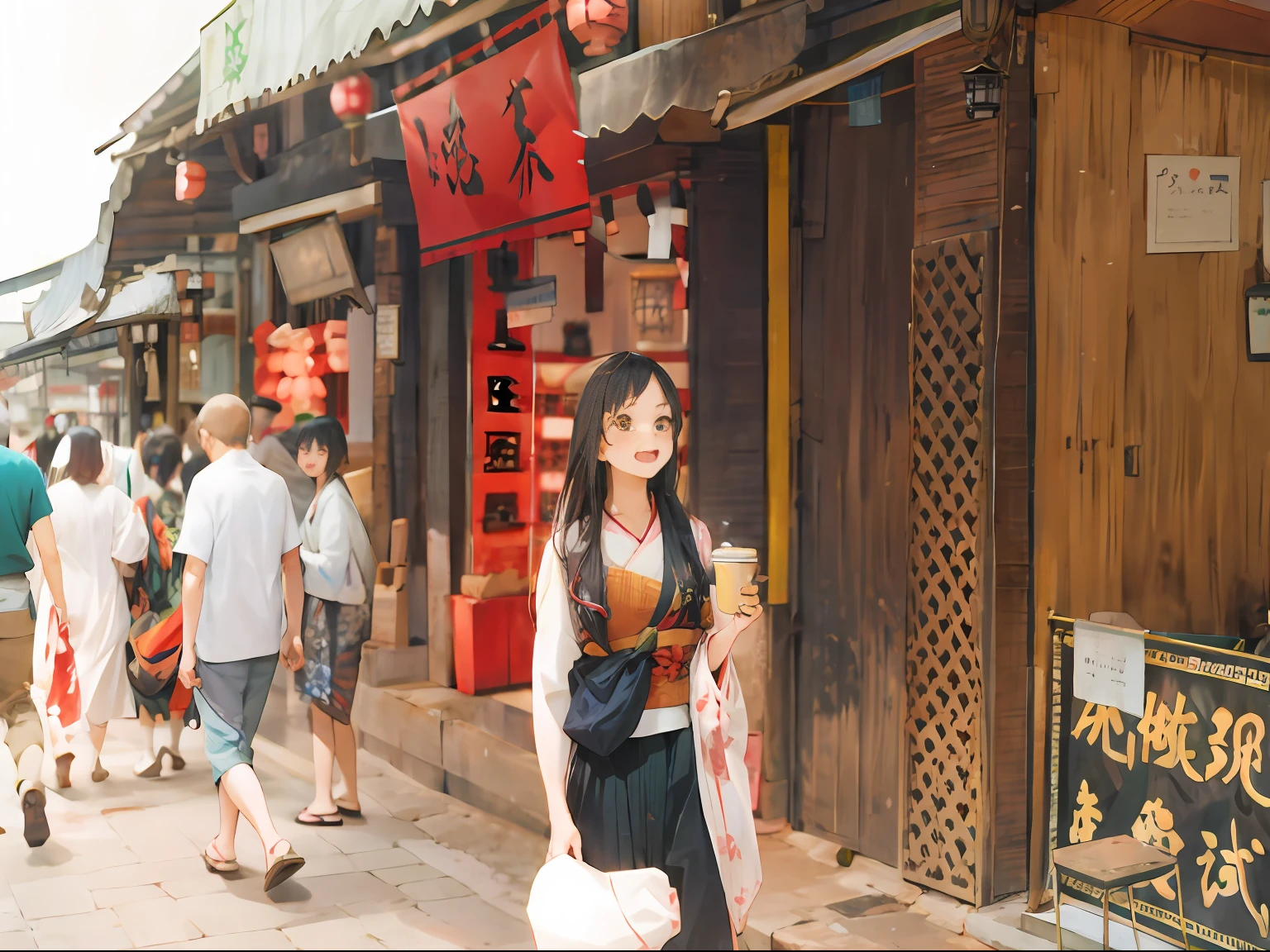 japan manga style，A  girl，Coffee in hand，Town，Ancient architecture，traditionalcostumes