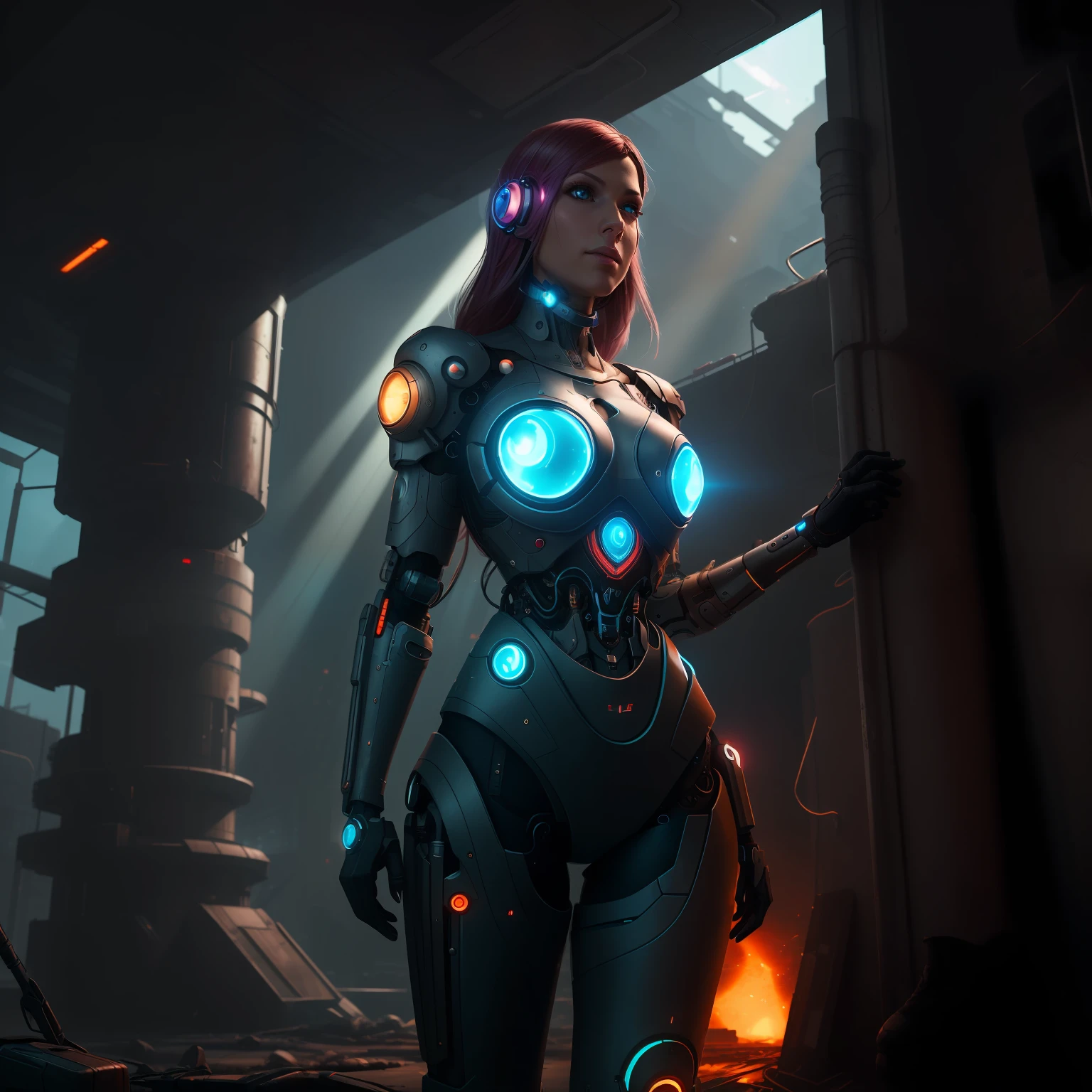 a cyborg lady with a human heart, average height, properly clothed, sci-fi apocalyptic environment with volumetric lighting god rays, colorful with warm colors, cyberpunk, hyperealism --auto