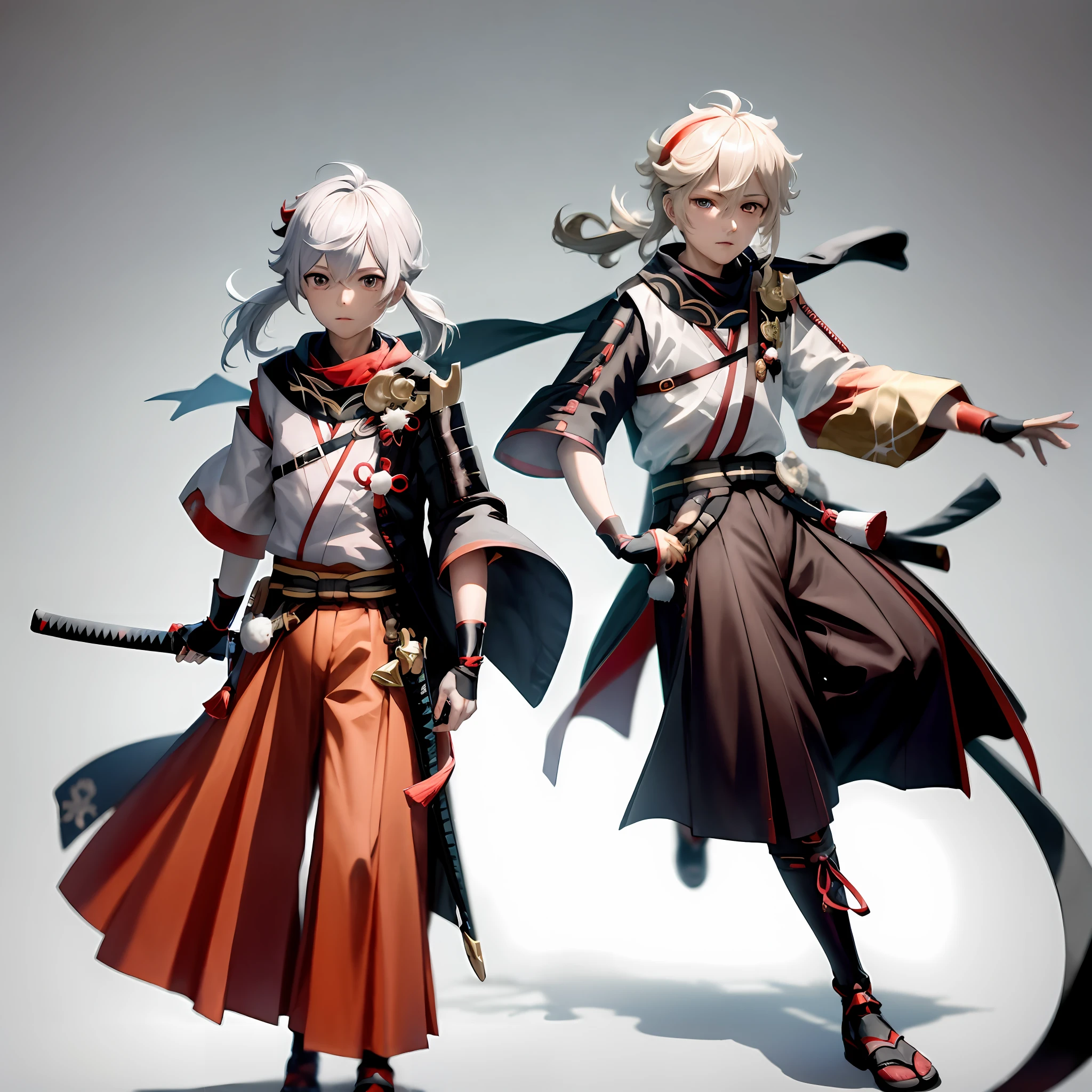 Genshin Manyo male red white skin red eyes white eyebrows white hair tied with short braids on the left side red samurai pants black and red mixed katana