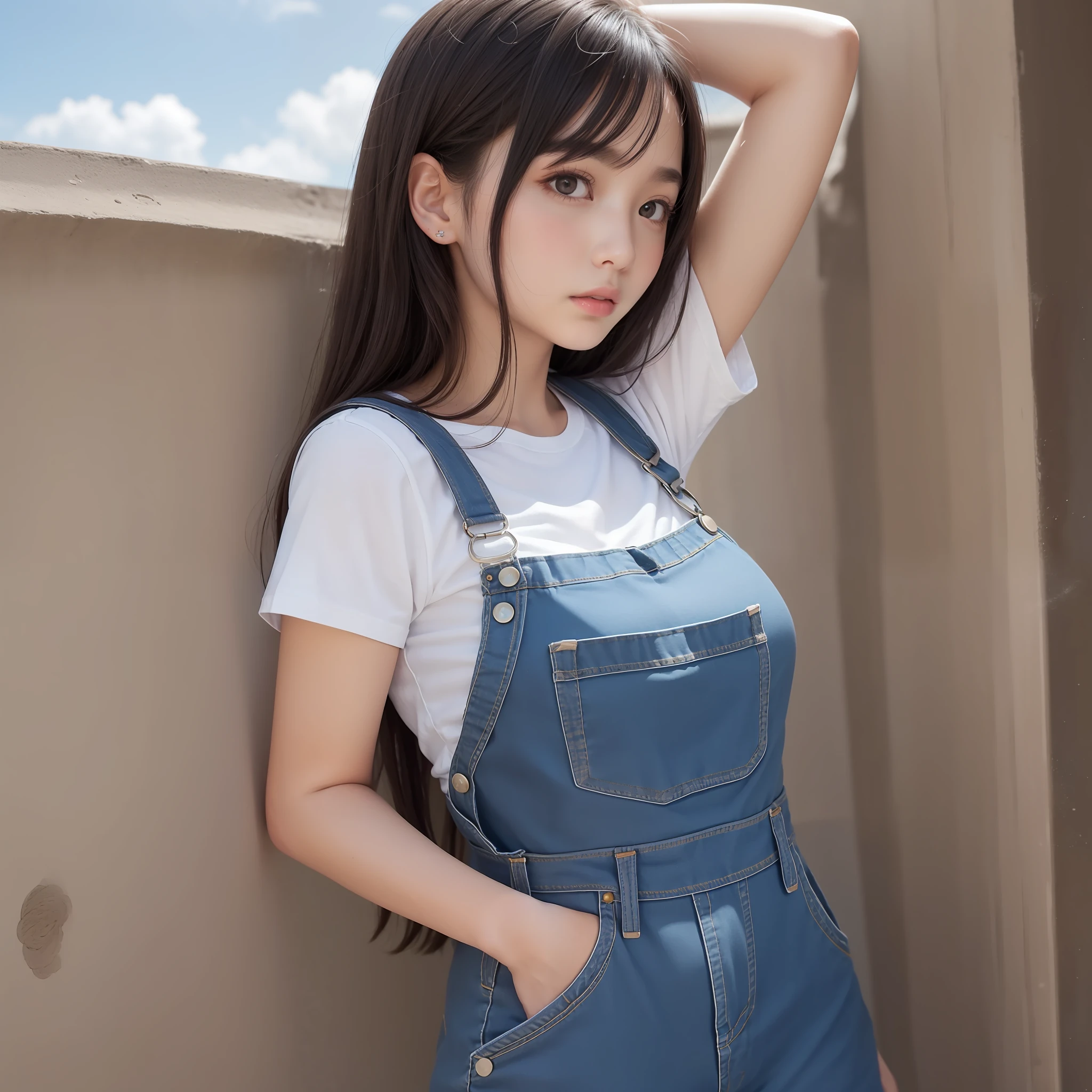 A dark-haired、straight haired、White short-sleeved shirt、Denim overalls、A age girl、breasts of medium size,、Top image quality、Blue summer sky