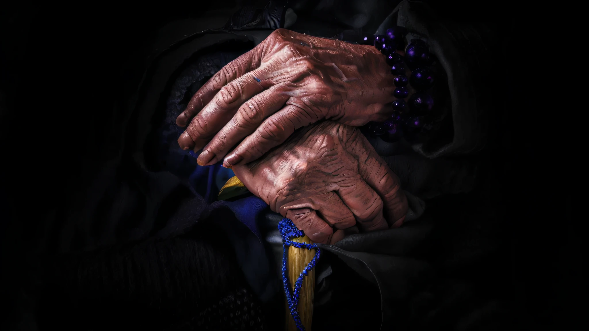 Close-up of a pair of hands, The column is lined with yellow wooden rafts，Blue decoration weave，One hand wears a chain of dark purple wooden beads，Hands covered with dirt, Detailed hands, hands retouched, corrected hands, veiny hands, Highly detailed hands, ++++ super veiny hands, hands of men, extreme hand detail, enhanced hands, Real hands, intricate wrinkles, human hand, coherent hands, Normal hands, natural hands and arms，（Express a sense of vicissitudes：1.6），pexels contest winner, precisionism, Hands, hands retouched, intricate wrinkles, Detailed hands, tight wrinkled cloath, veiny hands, hands crossed, coherent hands, old and wrinkled,, High details （Front focus），（in the darkness nigth：1.6），Surrealist portraits of David Hockney and Alphonse Mucha，Fantasyart，photographrealistic，动态照明，art  stations，poster for，Volumetriclighting，Very detailed age spots，Asian man's hand, Exaggerated artistic photos，Cinematic，（（best qualtiy）），（（tmasterpiece）），（（realisticlying）），skin pore，Sub-surface scattering，radiant light rays，A high resolution，high detal，Sharp focus，extremely detailed nipple，max detail， realistic shaded， Roughness， Naturally rough skin texture， reallife， hyper realisitc， photorealisti， photography of， 8K, Ultra HD， photography of， hdr，OC renderer， 复杂， highly  detailed， Sharp focus）， （tmasterpiece：1.2， Best quality1：1， Hyper-detailing：1.2， Best shadow， 8K：1.1），hight contrast， （lighting perfect：1.2，Complicated details， 巨作, Textured skin, Super detail, High details, High quality, Award-Awarded, Best quality, A high resolution, HD, 8K，surrealism, High detail, hyper photorealism, Verism，Chiaroscuro, Cinematic lighting, Ray tracing, shadowing