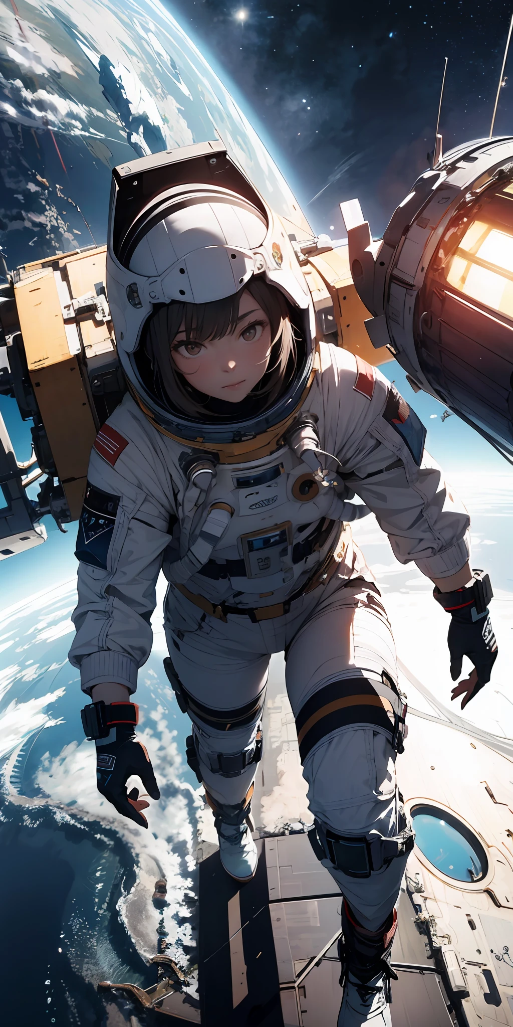 Absurd resolution, high resolution, (masterpiece:1.4), ultra-detailed, 1girl, in spacesuit, seen from above, space, floating, satellite, running pose, wide-angle lens distortion