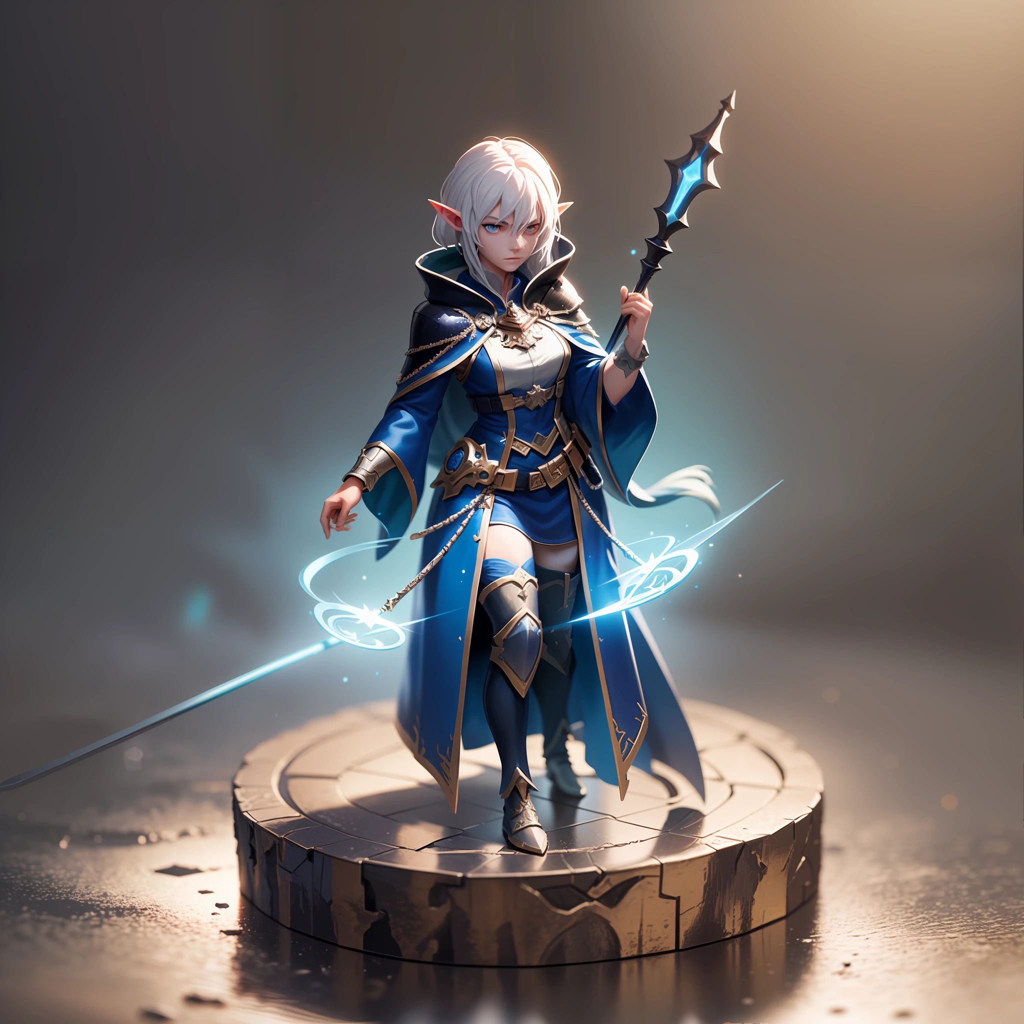 dnd art, fantasy art, blind box figurine, elf, male wizard, (Masterpiece 1.5, intense details), blue robes, magic staff with runes, uoltra detail figurine, role playing game model set background, pvc figurine, 7 0 mm.(Masterpiece 1.5, intense details) dramatic lighting, captured on canon eos r 6, full portrait of magical knight ultra details background, best quality (Masterpiece 1.5, intense details), 3D rendering, highres, 1080P, 8k, dynmic light, anatomically correct
