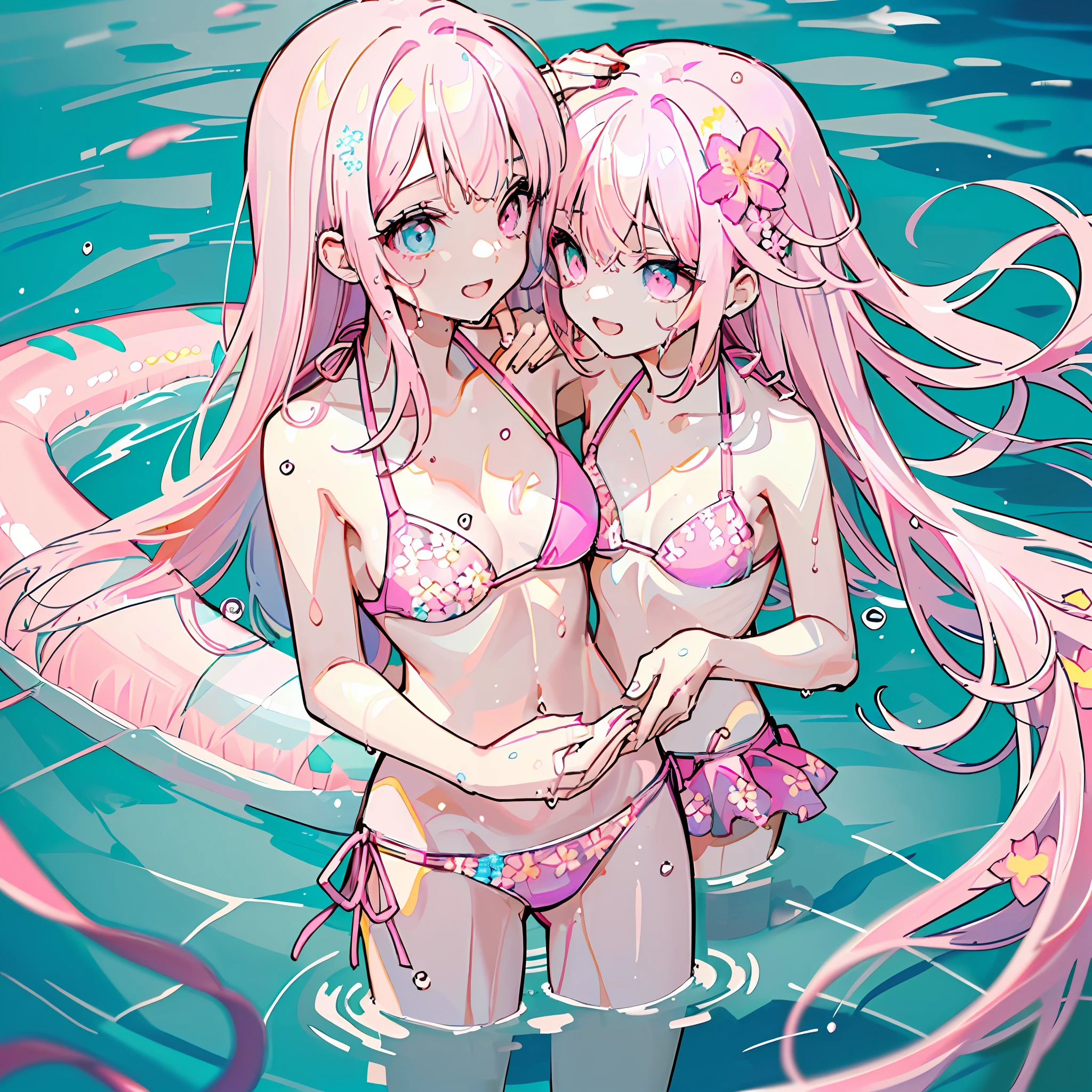 absurderes, hight resolution, (Anime style:1.1),
((masutepiece)), ((Best Quality)), (Ultra-detailed), ((Extremely detailed)), (Beautiful),
((Kawaii Girl)), (Lori:1.7), 独奏, Beautiful face, Cute face, Happy smile, Cheerful,
red eyes, (Beautiful detailed eyes:1.3), shiny very short light pink hair、Floating hair,Slender girl, (medium breasts:1.6)、BREAK、((Subtle cute pink floral bikini:1.6)) ,low angles, Romper、high quality background, Under the sea、(The whole body is wet with seawater:1.4)、Sunshine、Midsummer Sun、Your hair, face and body are soaking wet、Hair is stiff、Body immersion、(Sister is stroking her sister's head with her hand:1.6)、Lower breast、Fish swim、Embarrassing、Closely attached