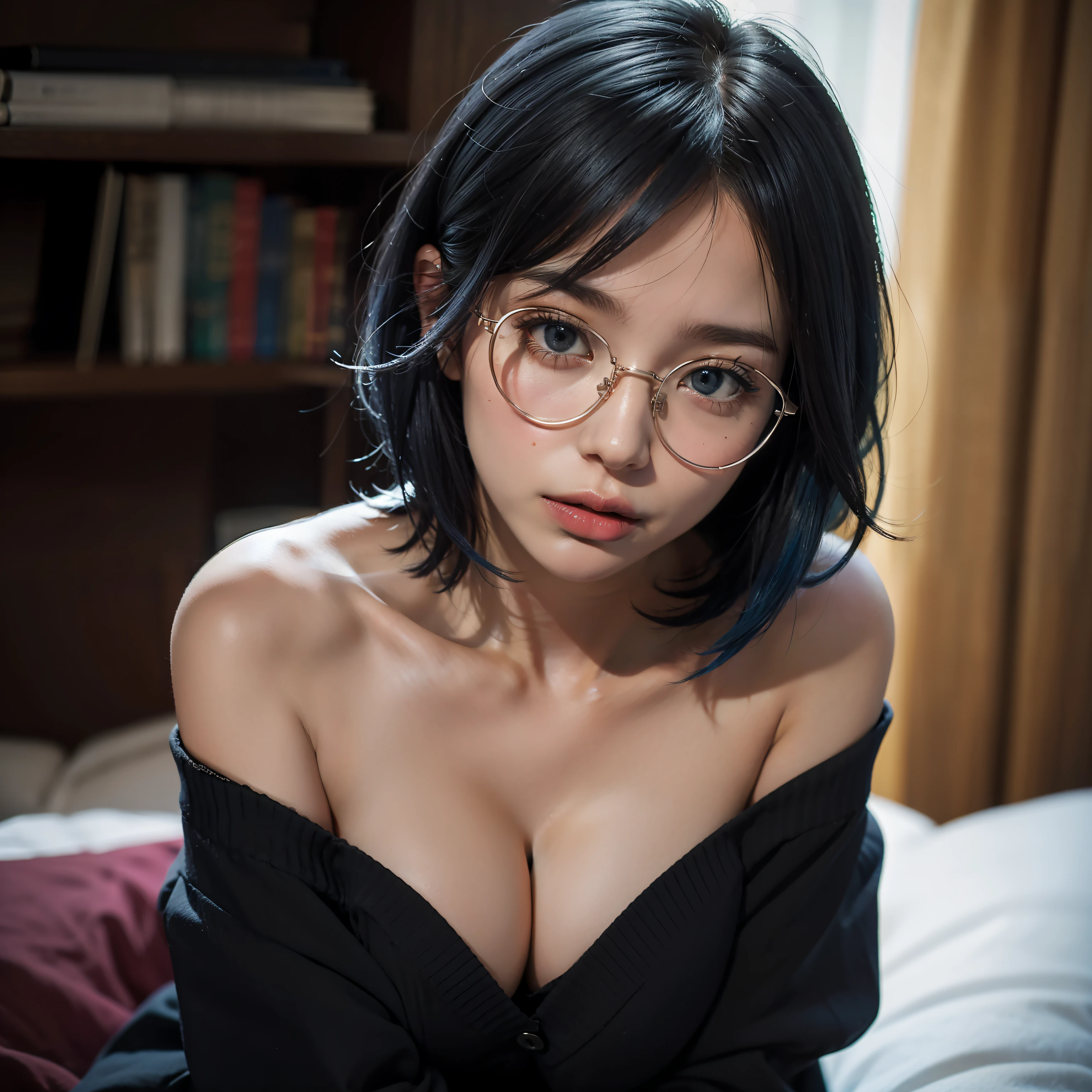 best quality, masterpiece, ultra hi res, 1 girl, short hair, blue hair, sexy expression, glasses, hairpin, exposed shoulders, exposed cleavage, off shoulder,