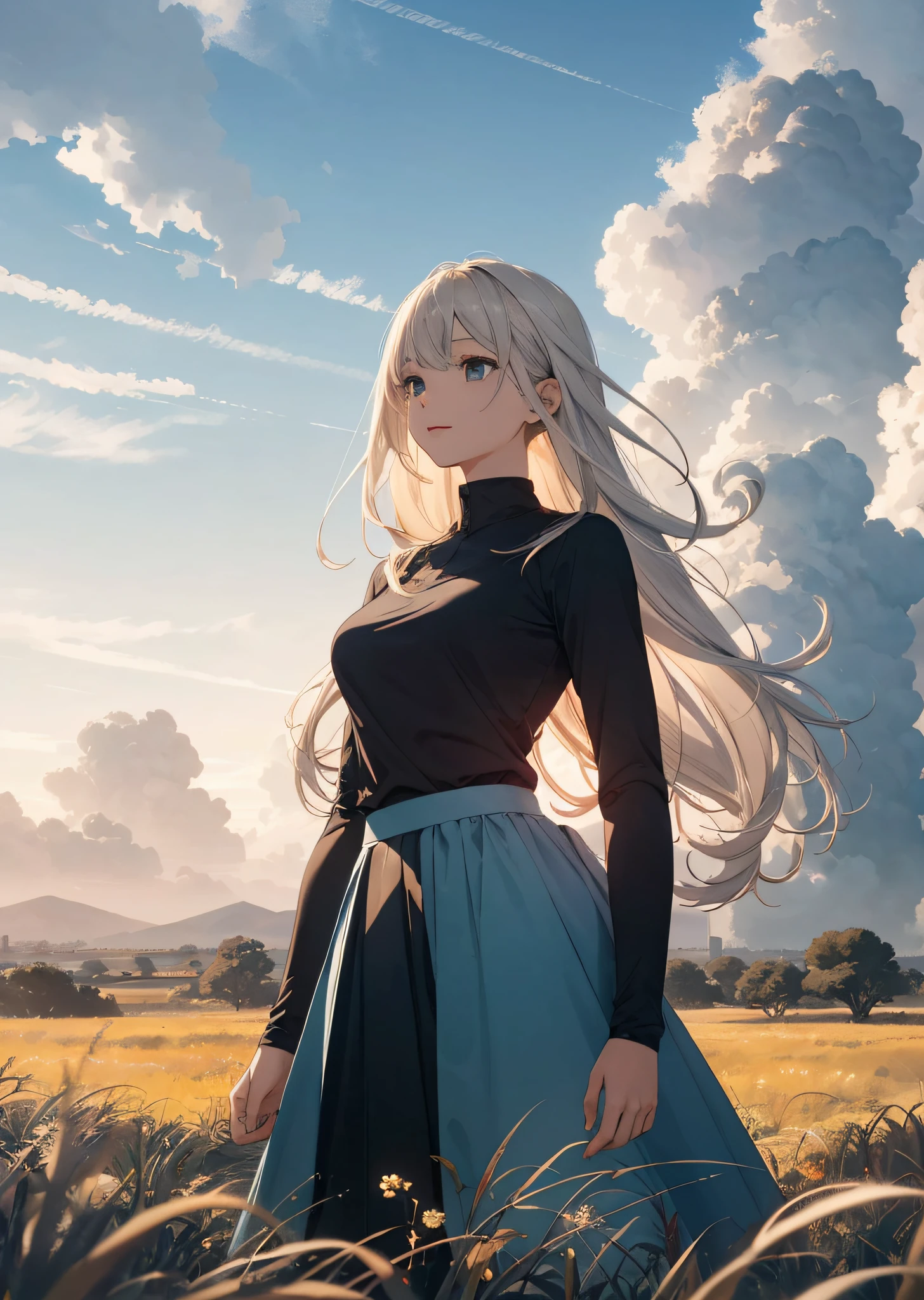 (extensive grasslands+Beautiful skyline+cumulonimbus clouds,Great view overlook+Dramatic dynamic visuals),Colorful natural light,Girl with long hair and long skirt,Extremely detailed CG+最好质量+Best light and shadow+Best shadow+Super beautiful,Character weight 0.3,Wide meadows 3,Tension 3,Colorful 1.1。