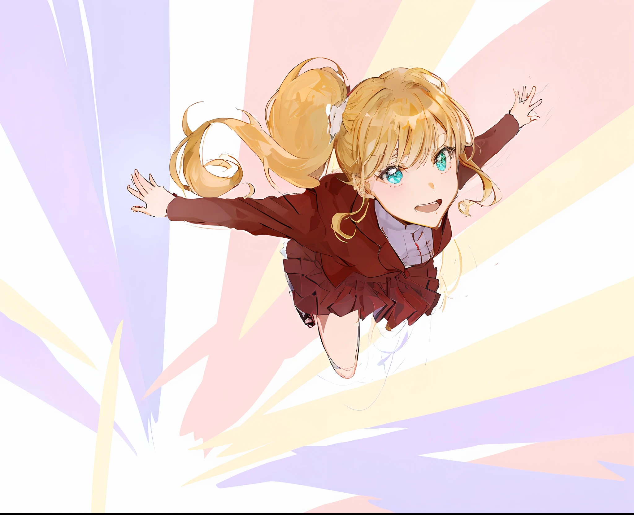 Anime girl flying in the sky with arms outstretched, Gwen Stacy, the anime girl is running, high quality fan art, [ floating ]!!, she is floating in the air, flying anime esper, In anime style, In an anime style, rena nounen style 3/4, digital anime art!!, Very anime style, windy floating hair!!