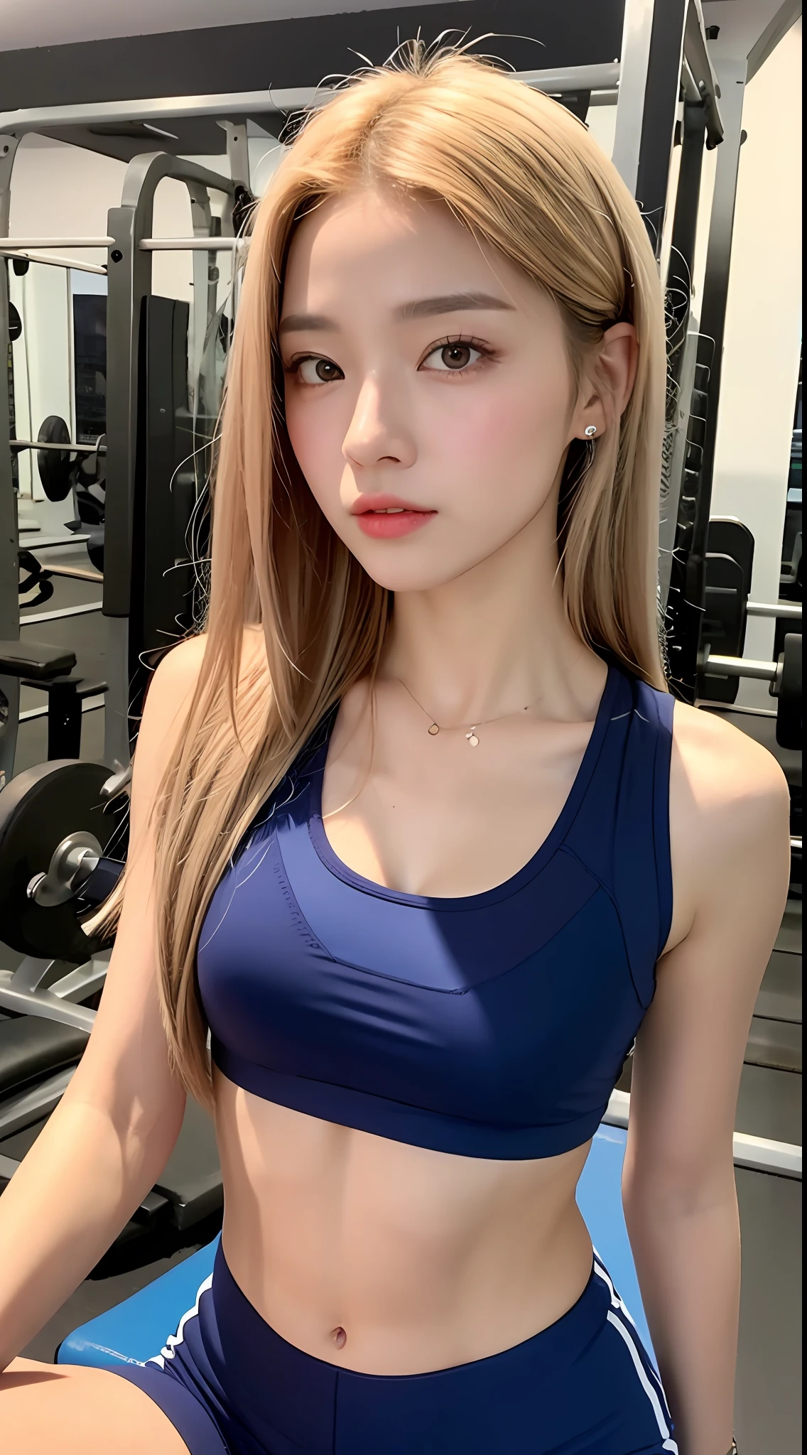 (yinchuan:1.5),, masterpiece, top-quality, Raw foto, Photorealsitic, large full breasts、beautiful and flawless face, Soft smile、20 years girl、training gym、Colorful workout wear、Navel exposed training clothes middle hair、depth of fields, hight resolution, ultra-detailliert, finely detail, ighly detailed, extremely detailed eye and face, Sharp pupils, Realistic pupils,