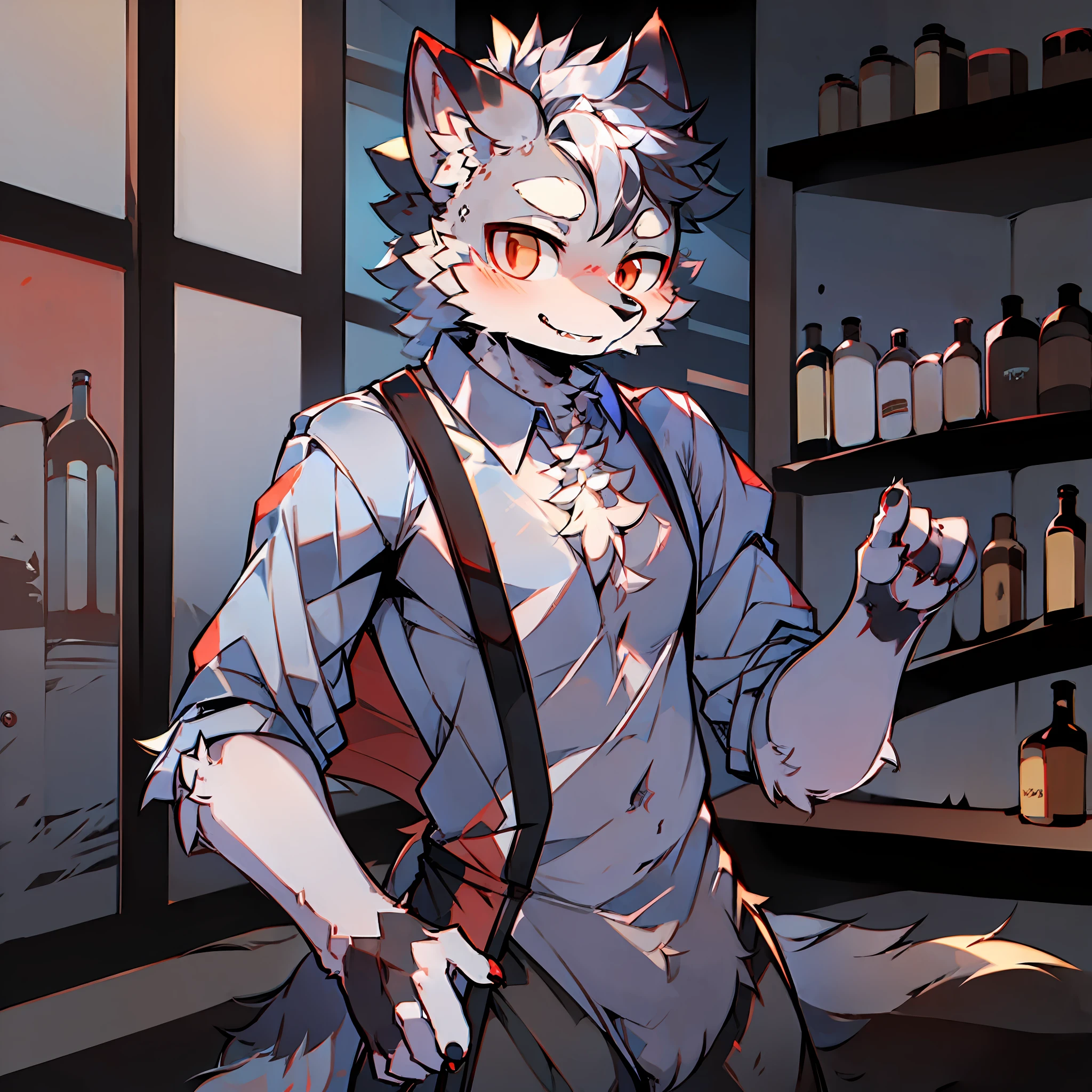 single ,furry male,wolf,gray-black fur,red eyes,bartender,waiter dress