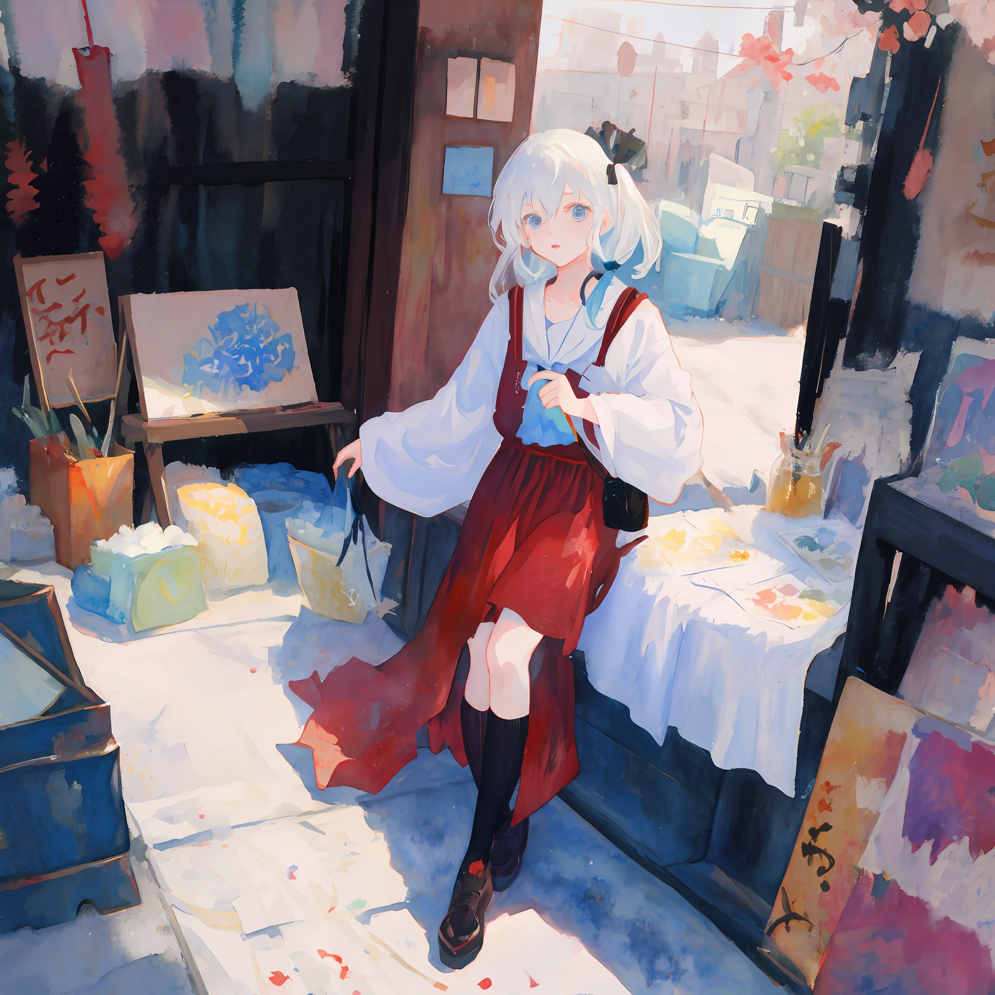 4k、masterpiece、top-quality、watercolor paiting、musical note、florals、Fantastical、white hair、Inboundless、Kagami Hana Suigetsu