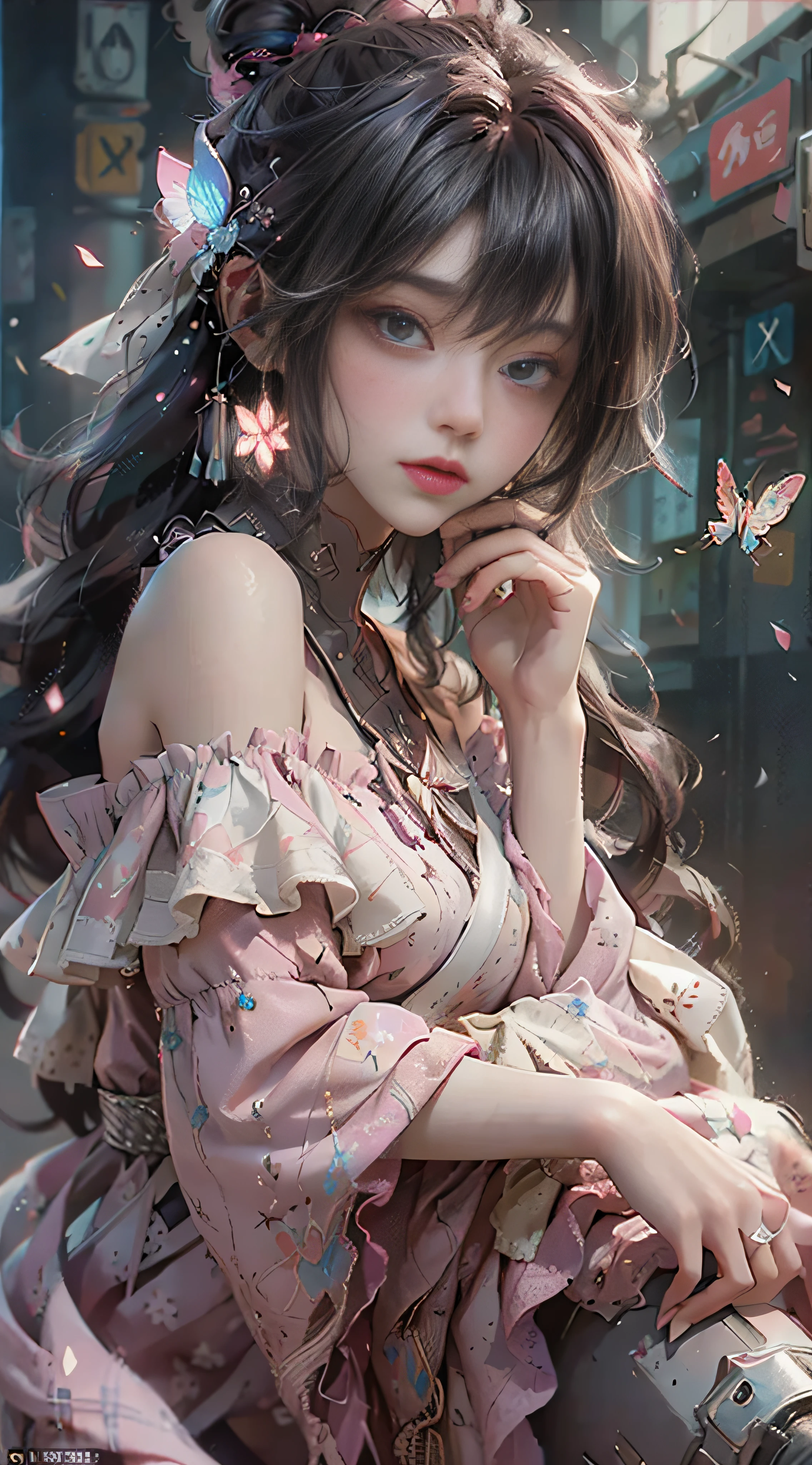 ((best quailty)), ((tmasterpiece)), (Detail:1.4), 3D, Beautiful cyberpunk female images,hdr(HighDynamicRange),Ray traching,NVIDIA RTX,Hyper-Resolution,illusory 5,Sub-surface scattering,PBR textures,post-processed,Anisotropic filtration,depth of fields,maximum definition and sharpness,multi-layer texture,Albedo e mapas Speculares,Surface coloring,Mitsu-Accurate simulation of material interactions,perfectly proportioned,rendering by octane,Two-colored light,largeaperture,Low ISO,White balance,Rule three points、8K raw data、beautiful bright pupils,Off-the-shoulder clothing,Fine pupils,Delicate face and eyes,long eyeslashes,Blushlush,Delicate and fluffy hair,Pink lips,Pure,cute pubic hair,Sweet girl,Artistic sense,Casual wear,Advancedsense,Butterflies,Cherry blossom petals,Beautiful hair accessories