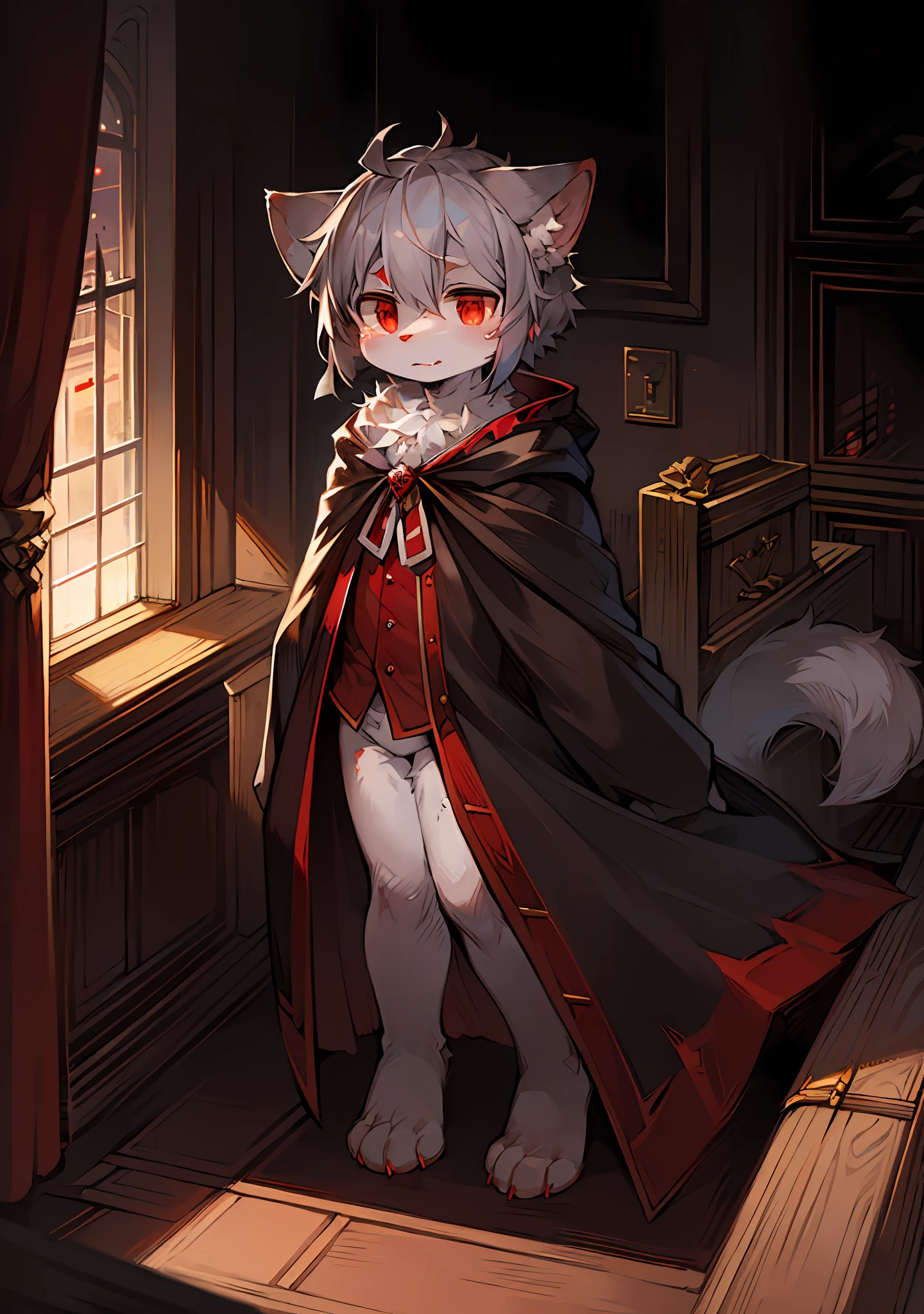 (dark environment:0.8),masterpiece, high quality, absurd res, digital painting \(artwork\), by dagasi, yupa,kiyosan,(anthro,fluffy fur,character focus:1.1),anthro male cat,short hair,portrait, bright eyes,panorama,character focus.(detailed background:0.7),solo,furry,furry male ,male focus,anthr,(Full body fur, fluffy tail, white fur,red eyes,gray hair:1.2),(long canines,vampire, cape:1.2),(interior,night, castle, coffin:1.1)