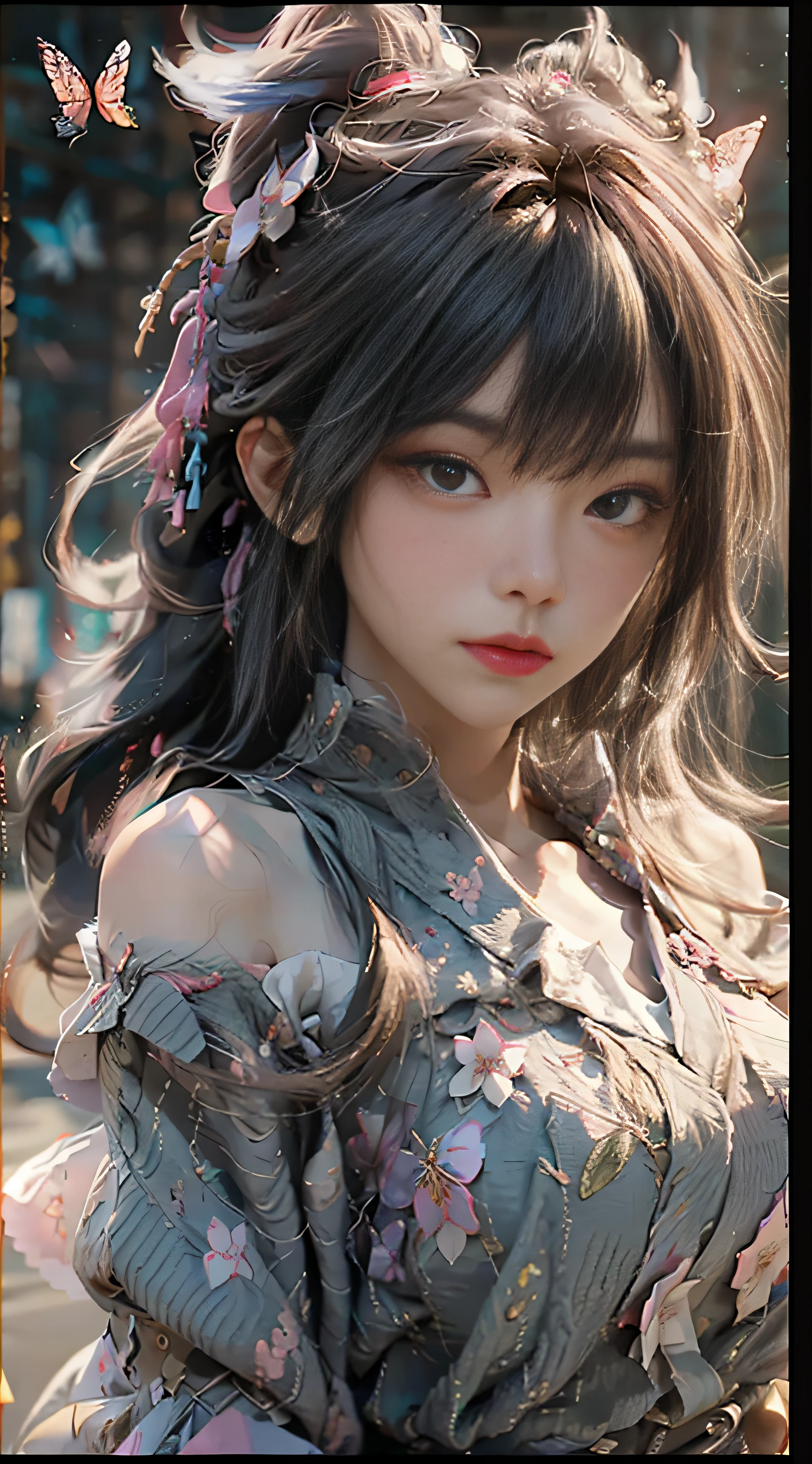 ((best quailty)), ((tmasterpiece)), (Detail:1.4), 3D, Beautiful cyberpunk female images,hdr(HighDynamicRange),Ray traching,NVIDIA RTX,Hyper-Resolution,illusory 5,Sub-surface scattering,PBR textures,post-processed,Anisotropic filtration,depth of fields,maximum definition and sharpness,multi-layer texture,Albedo e mapas Speculares,Surface coloring,Mitsu-Accurate simulation of material interactions,perfectly proportioned,rendering by octane,Two-colored light,largeaperture,Low ISO,White balance,Rule three points、8K raw data、beautiful bright pupils,Off-the-shoulder clothing,Fine pupils,Delicate face and eyes,long eyeslashes,Blushlush,Delicate and fluffy hair,Pink lips,Pure,cute pubic hair,Sweet girl,Artistic sense,Casual wear,Advancedsense,Butterflies,Cherry blossom petals,Beautiful hair accessories