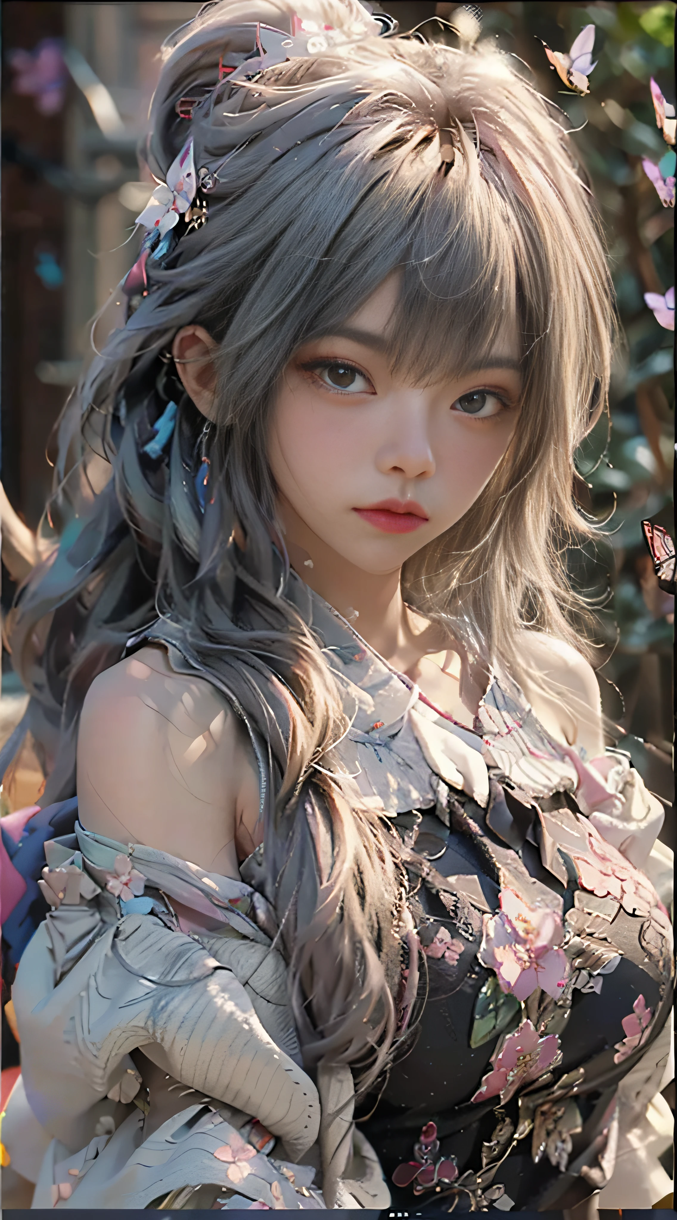 ((best quailty)), ((tmasterpiece)), (Detail:1.4), 3D, Beautiful cyberpunk female images,hdr(HighDynamicRange),Ray traching,NVIDIA RTX,Hyper-Resolution,illusory 5,Sub-surface scattering,PBR textures,post-processed,Anisotropic filtration,depth of fields,maximum definition and sharpness,multi-layer texture,Albedo e mapas Speculares,Surface coloring,Mitsu-Accurate simulation of material interactions,perfectly proportioned,rendering by octane,Two-colored light,largeaperture,Low ISO,White balance,Rule three points、8K raw data、beautiful bright pupils,Off-the-shoulder clothing,Fine pupils,Delicate face and eyes,long eyeslashes,Blushlush,Delicate and fluffy hair,Pink lips,Pure,cute pubic hair,Sweet girl,Artistic sense,Casual wear,Advancedsense,Butterflies,Cherry blossom petals,Beautiful hair accessories