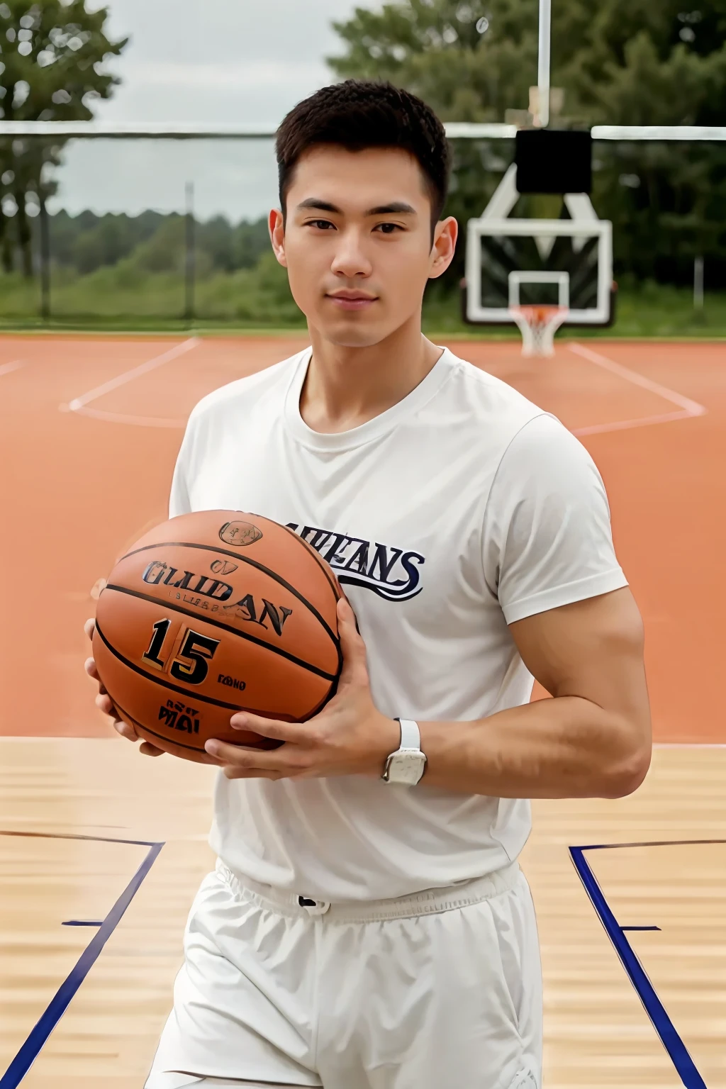 1人，A 19-year-old muscular man，Wearing a white basketball vest，White basketball shoes，Grab a basketball on the basketball court，gentlesoftlighting，tmasterpiece，Best quality at best，8K  UHD，digital SLR camera，filmgrain，Midjourney and greg rutkowski's Fujifilm XT3 realistic painting art