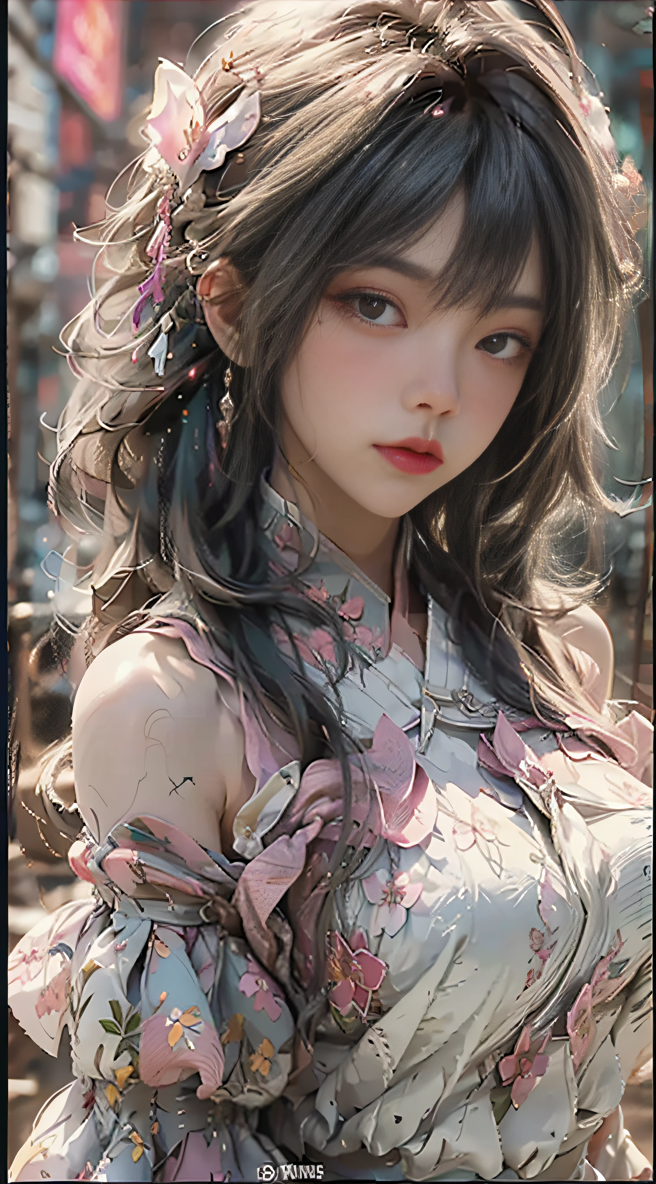 （（best quailty））， （（tmasterpiece））， （Detail：1.4）， 3D， Beautiful cyberpunk female images，hdr（HighDynamicRange），Ray traching，NVIDIA RTX，Hyper-Resolution，illusory 5，Sub-surface scattering，PBR textures，post-processed，Anisotropic filtration，depth of fields，maximum definition and sharpness，multi-layer texture，Albedo e mapas Speculares，Surface coloring，Mitsu-Accurate simulation of material interactions，perfectly proportioned，rendering by octane，Two-colored light，largeaperture，Low ISO，White balance，Rule three points、8K raw data、beautiful bright pupils，Off-the-shoulder clothing，Fine pupils，Delicate face and eyes，long eyeslashes，Blushlush，Delicate and fluffy hair，Pink lips，Pure，cute pubic hair，Sweet girl，Artistic sense，Casual wear，Advancedsense，Butterflies，Cherry blossom petals，Beautiful hair accessories