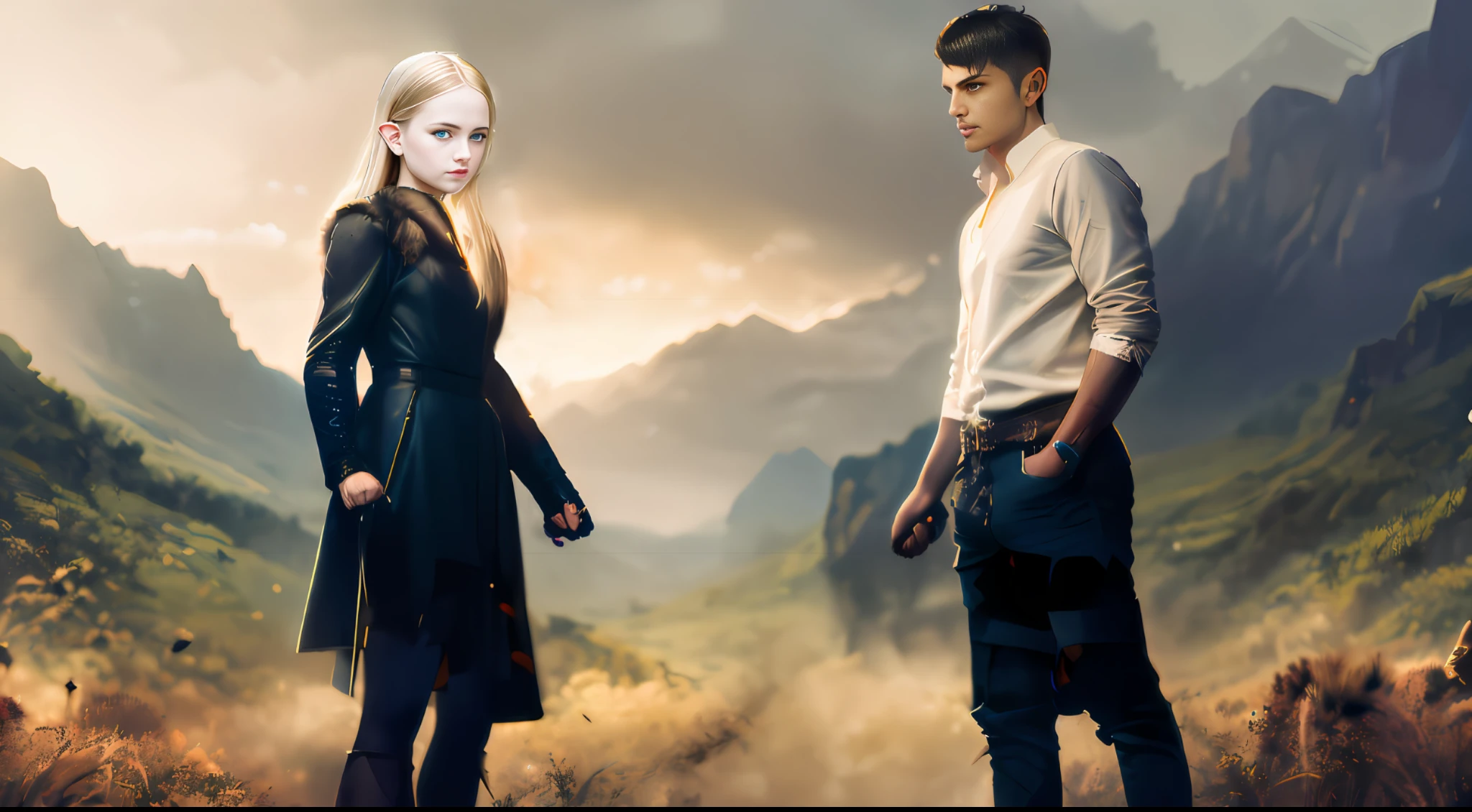 They stand in a field against the background of mountains, edmund blair and charlie bowater, young adult fantasy novel cover, movie promo image, matte painting portrait shot, promotional still, Charlie Bowater and Tom Bagshaw, Promotional Movie Still Images, charlie bowater and artgeem, an epic fantasy, fantasy photoshoot, urban fantasy romance book cover