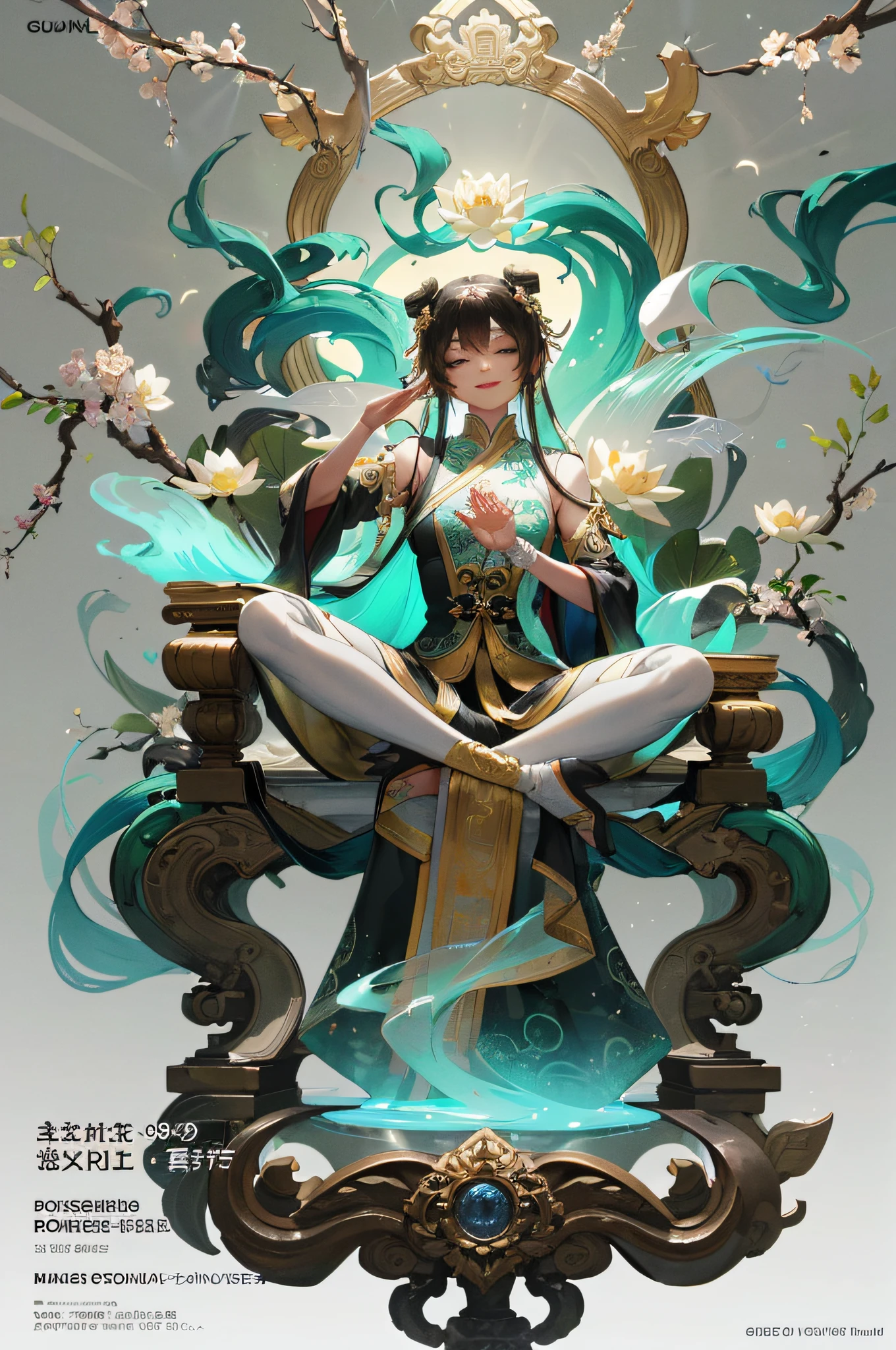 dreamy, serene, white and green:1.2),
(full body, sitting, Guanyin with jade bottle:1.1),(praying hands),(blessing),(smiling),(compassionate),
(lotus throne, floating, below Guanyin:1.2),
(lotus flowers, branches),
(dry ice, fog, below:1.1),
(from front),(medium shot),
As she sits on a floating lotus throne, Guanyin holds a jade bottle and makes a praying gesture. She smiles and blesses the world with her compassion. Behind her, lotus flowers and branches surround her, creating a natural and peaceful backdrop. Below her, dry ice forms a fog that adds to the dreamy atmosphere. The main colors are white and green, creating a pure and harmonious mood.
(magazine:1.3), (cover-style:1.3), fashionable, woman, vibrant, outfit, posing, front, colorful, dynamic, background, elements, confident, expression, holding, statement, accessory, majestic, coiled, around, touch, scene, text, cover, bold, attention-grabbing, title, stylish, font, catchy, headline, larger, striking, modern, trendy, focus, fashion,