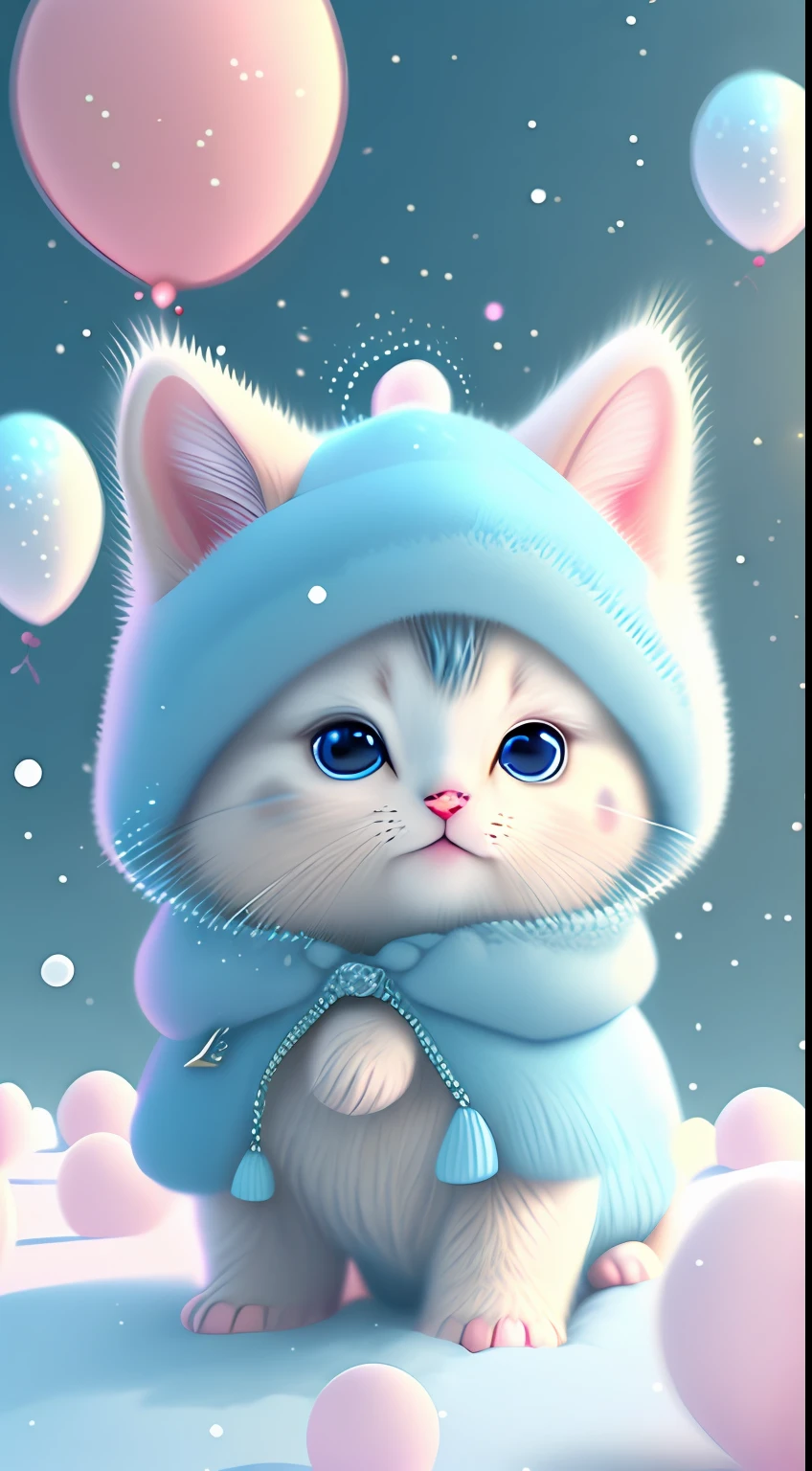 In this ultra-detailed CG art，Cute kittens surrounded by ethereal balloons，laughingly，blingbling，Best quality at best，A high resolution，Complicated details，fanciful，cute animal，Funny，Open-mouthed！！！，laughingly！！