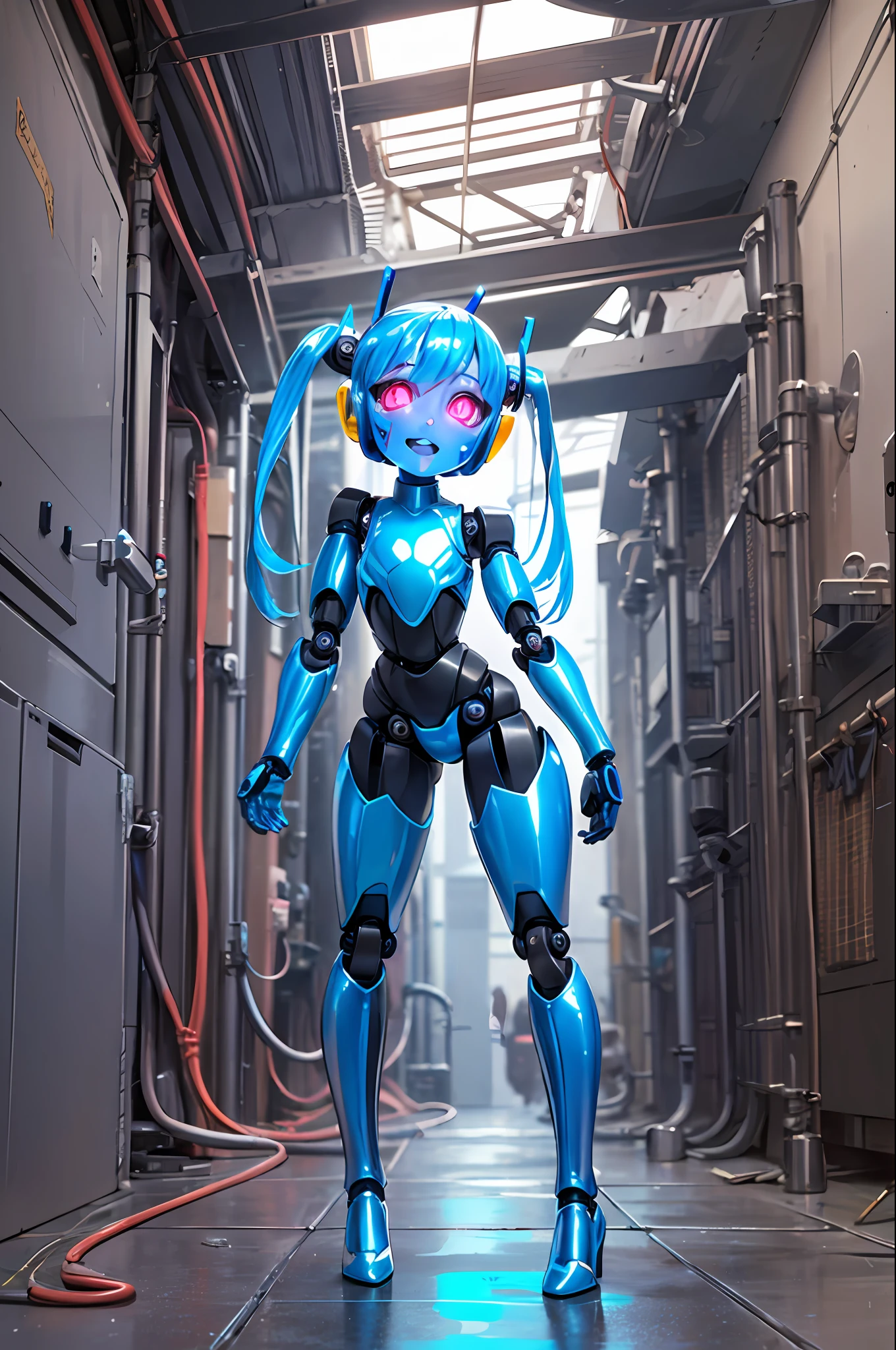 (best-quality:0.8), (best-quality:0.8) , robot girl with smooth glossy blue plastic skin, (loli:1) factory, (shiny blue plastic robot face:1.7), (long multi-coloured plastic hair:1), flat chest, glowing eyes, twintails, full body, happy, welding, charging cable, (sparks;1), high heels, petite, half body shot