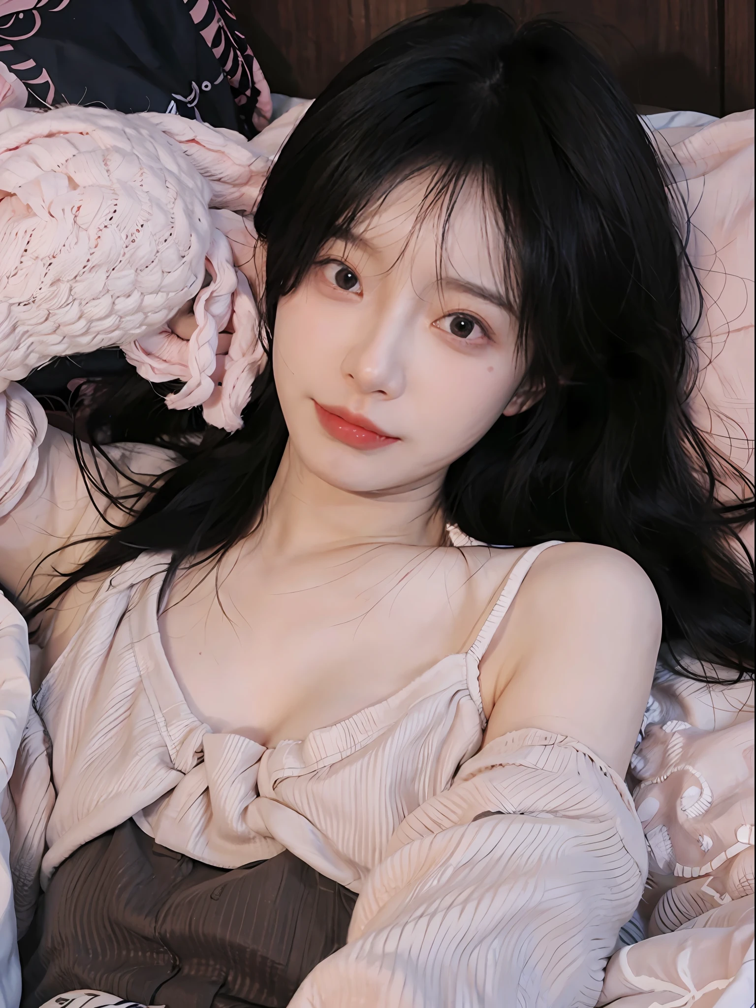 best qualtiy,tmasterpiece,超高分辨率,(true to life:1.4),1girll,(Pink top:1.5),Pink top,(in pink),(Night atmosphere:1.5), (natta) ,Glowing skin,A detailed eye, 二重まぶた,long whitr hair,White skin of the,Charming lying on the bed, The upper part of the body,closeup cleavage