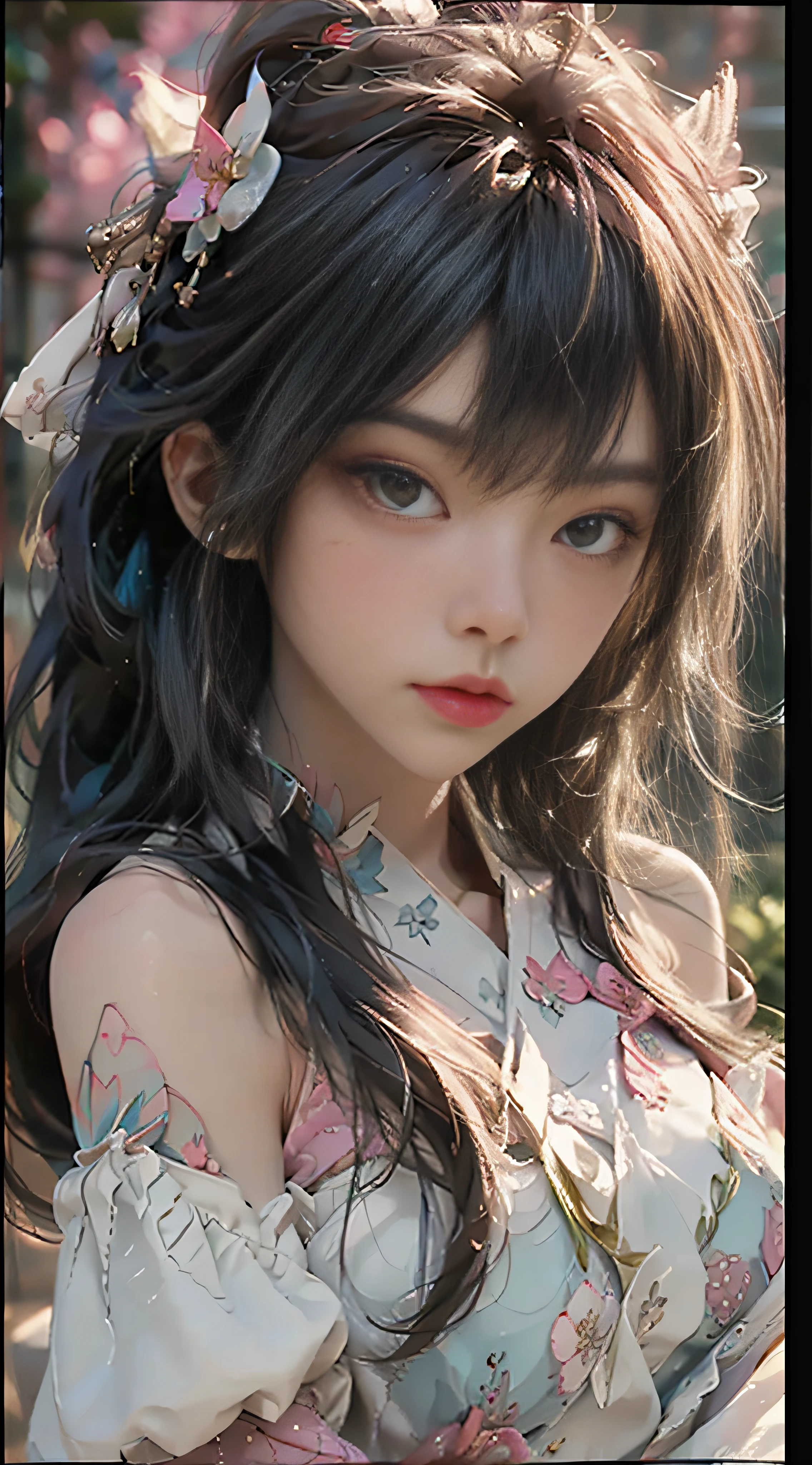 ((best quailty)), ((tmasterpiece)), (Detail:1.4), 3D, Beautiful cyberpunk female images,hdr(HighDynamicRange),Ray traching,NVIDIA RTX,Hyper-Resolution,illusory 5,Sub-surface scattering,PBR textures,post-processed,Anisotropic filtration,depth of fields,maximum definition and sharpness,multi-layer texture,Albedo e mapas Speculares,Surface coloring,Mitsu-Accurate simulation of material interactions,perfectly proportioned,rendering by octane,Two-colored light,largeaperture,Low ISO,White balance,Rule three points、8K raw data、beautiful bright pupils,Off-the-shoulder clothing,Fine pupils,Delicate face and eyes,long eyeslashes,Blushlush,Delicate and fluffy hair,Pink lips,Pure,cute big breasts,Sweet girl,Artistic sense,Casual wear,Advancedsense,Butterflies,Cherry blossom petals,Beautiful hair accessories
