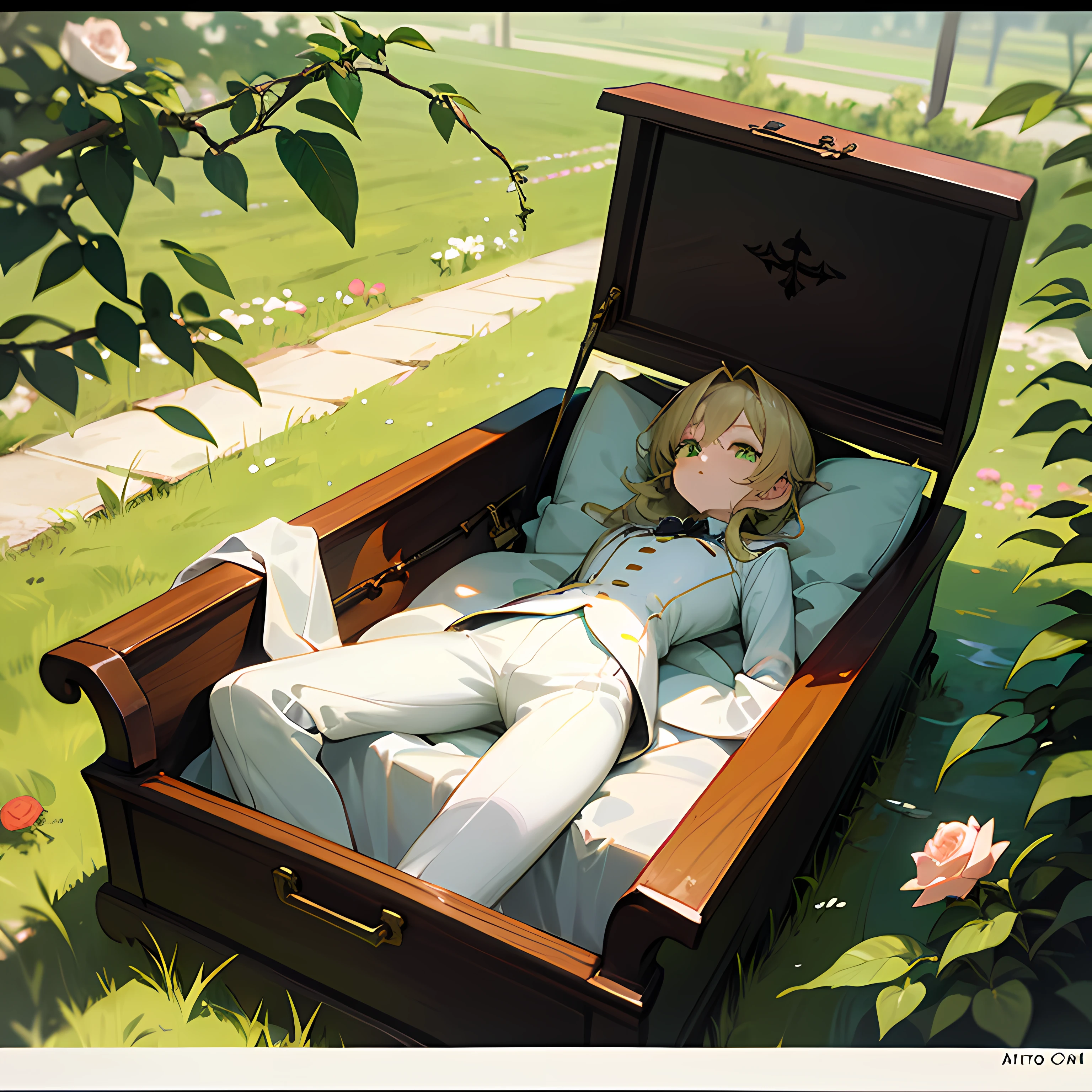 blond hairbl,Green eyes,White suit,mtu,violin,casket,rosebush,vine,small stream --auto