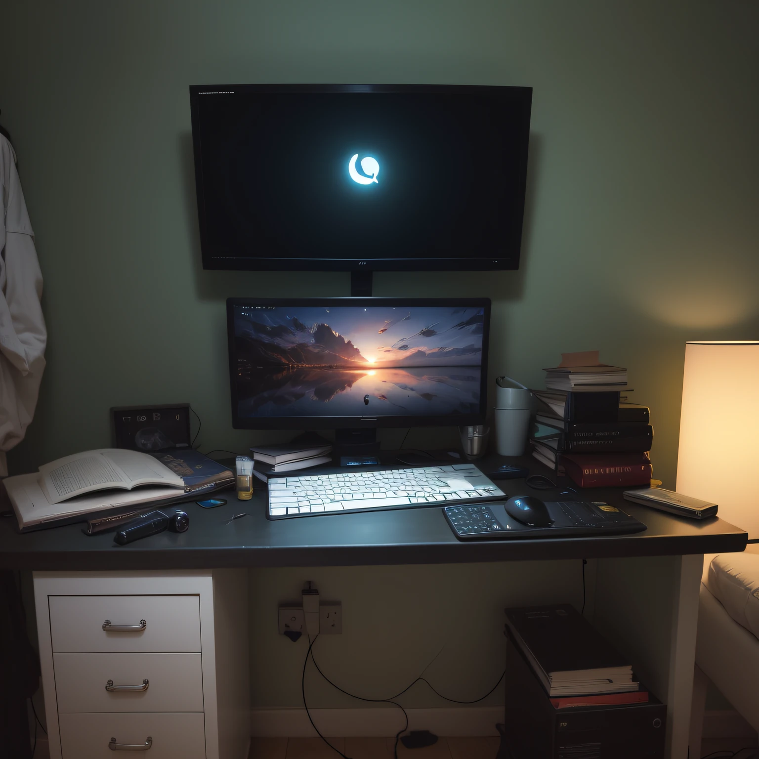 there is a computer desk with a monitor and a keyboard, computer setup, 8 k''. filling of the view, art workstation, 4k post, 4 k post, full device, pc screen image, in front of a computer, professional picture, 8 k''. filling most of the view, 8 km wide-angle lens,quadratic element
