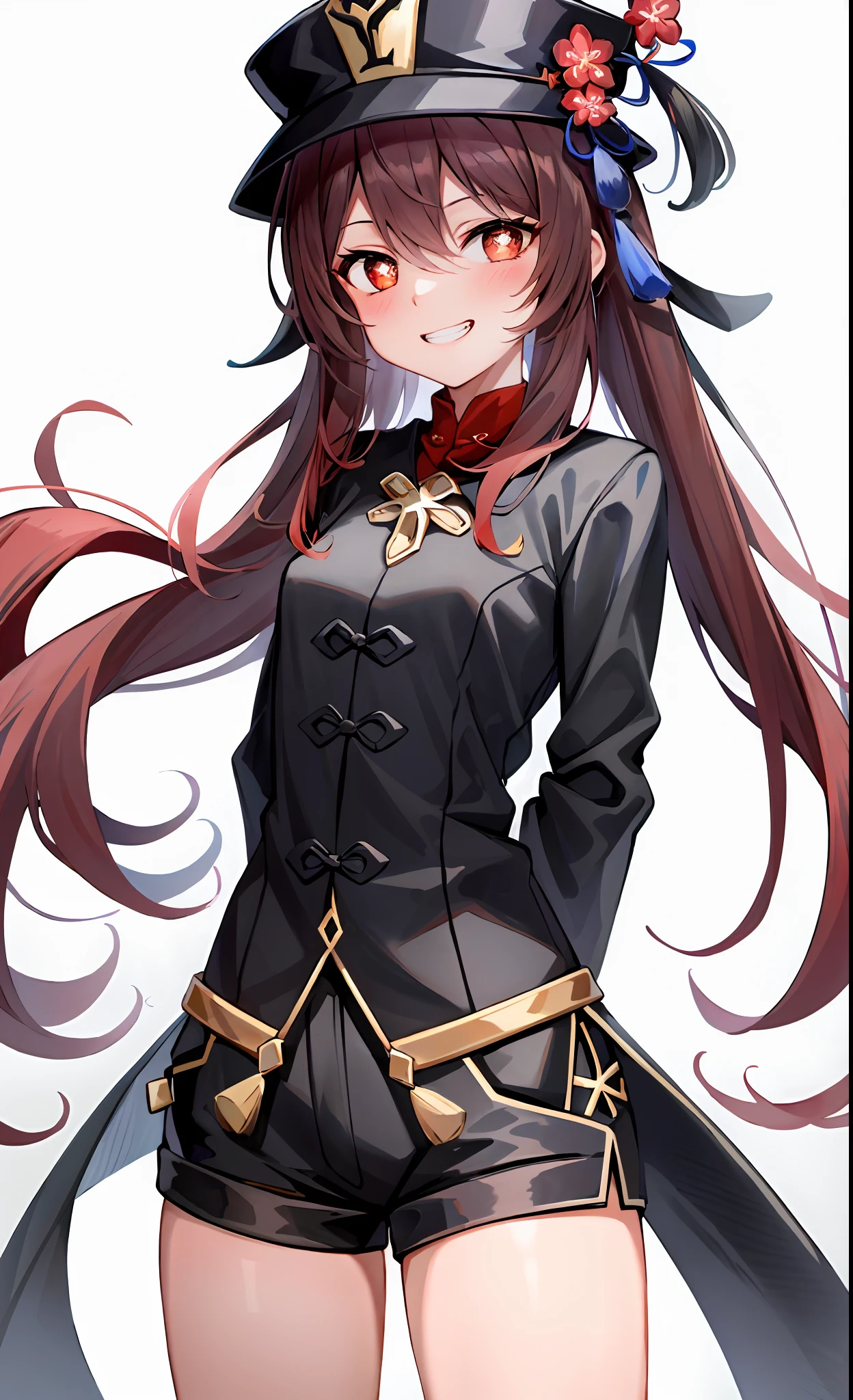 (masterpiece:1.3), (best quality), 1girl, small breasts, very detailed red eyes, very detailed face, white background, highres, absurdres, grin, standing, very detailed, looking at viewer, cowboy shot, solo, vivid colors, hu tao (genshin impact), symbol shaped pupils, hat, long brown hair, bangs, twintails, flower-shaped pupils, black coat, coattails, black short shorts, red shirt, arms behind back