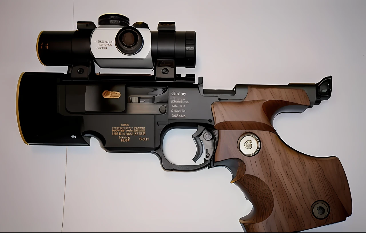 There was a gun with a wooden handle and a scope, Detailed pistol trigger, bolt pistol in one hand, Shoulder-mounted spray gun, Verbose triggers, Product image from Firearms Magazine, half-length shot, Close-up shot, close - up shot, bottom shot, Gun, centered shot, medium close up shot, Rivre, Medium Shot Shot, medium close up shot --auto