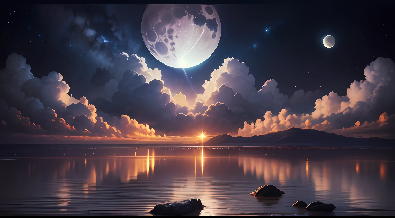 NSFW:1.2、a masterpiece of、 beste-Qualit、hightquality、high-detail、hight resolution、high details、lensflare、raytrace、high quality texture、high quality shadow、Beautiful in detail、Detailed Detailing、Detailed texture、Realistic and colorful、Cinematic lights、No Humans、landscapes、waterface、moonlit glow、a moon、clouds、natta、starrysky、Radiation distortion
