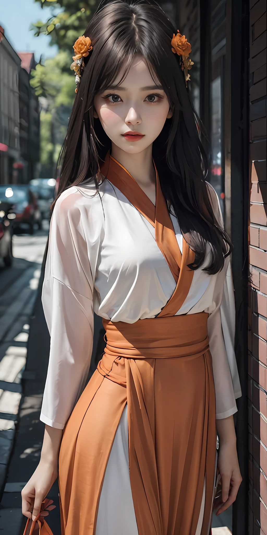 (fluorescent colours:1.4),(semi transparent:1.4),(retro filters:1.4),(fanciful:1.4),(Orange background:1.4),
(1 women's clothing(Orange-pink hanfu:1.3),Tang style,bluntbangs,brunette color hair),
((lengthwise:1.5)),looking at viewert,
(tmasterpiece,8k uhd,HDR,extremely detaile,Complicated details,best qualtiy,professinal,vivd colour),Delicate headgear