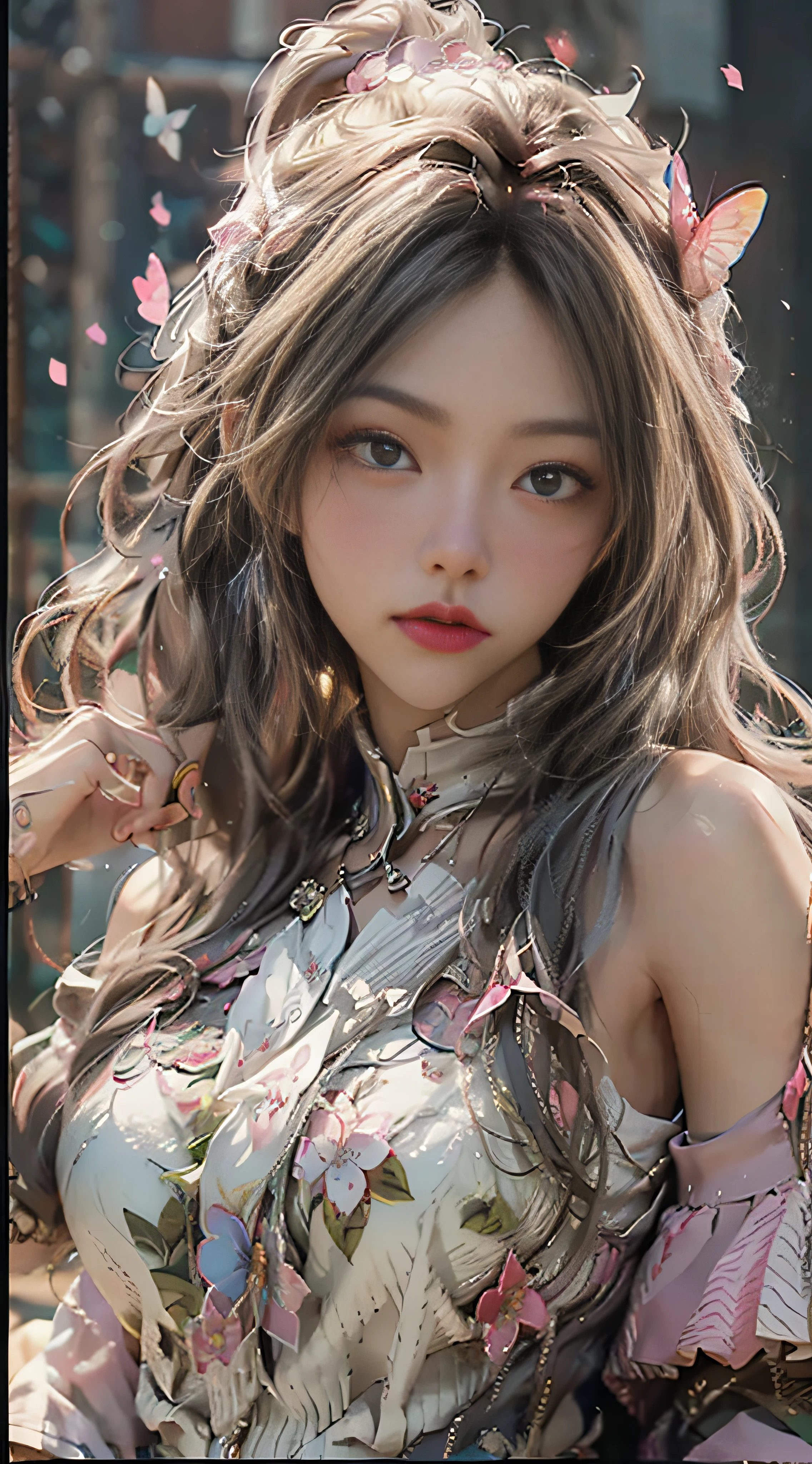 ((best quailty)), ((tmasterpiece)), (Detail:1.4), 3D, Beautiful cyberpunk female images,hdr(HighDynamicRange),Ray traching,NVIDIA RTX,Hyper-Resolution,illusory 5,Sub-surface scattering,PBR textures,post-processed,Anisotropic filtration,depth of fields,maximum definition and sharpness,Many-Layer Textures,Albedo e mapas Speculares,Surface coloring,Mitsu-Accurate simulation of material interactions,perfectly proportioned,rendering by octane,Two-colored light,largeaperture,Low ISO,White balance,Rule three points、8K raw data、beautiful bright pupils,Off-the-shoulder clothing,Fine pupils,Delicate face and eyes,long eyeslashes,Blushlush,Delicate and fluffy hair,Pink lips,Pure,cute big breasts,Sweet girl,Artistic sense,Casual wear,Advancedsense,Butterflies,Cherry blossom petals,Beautiful hair accessories