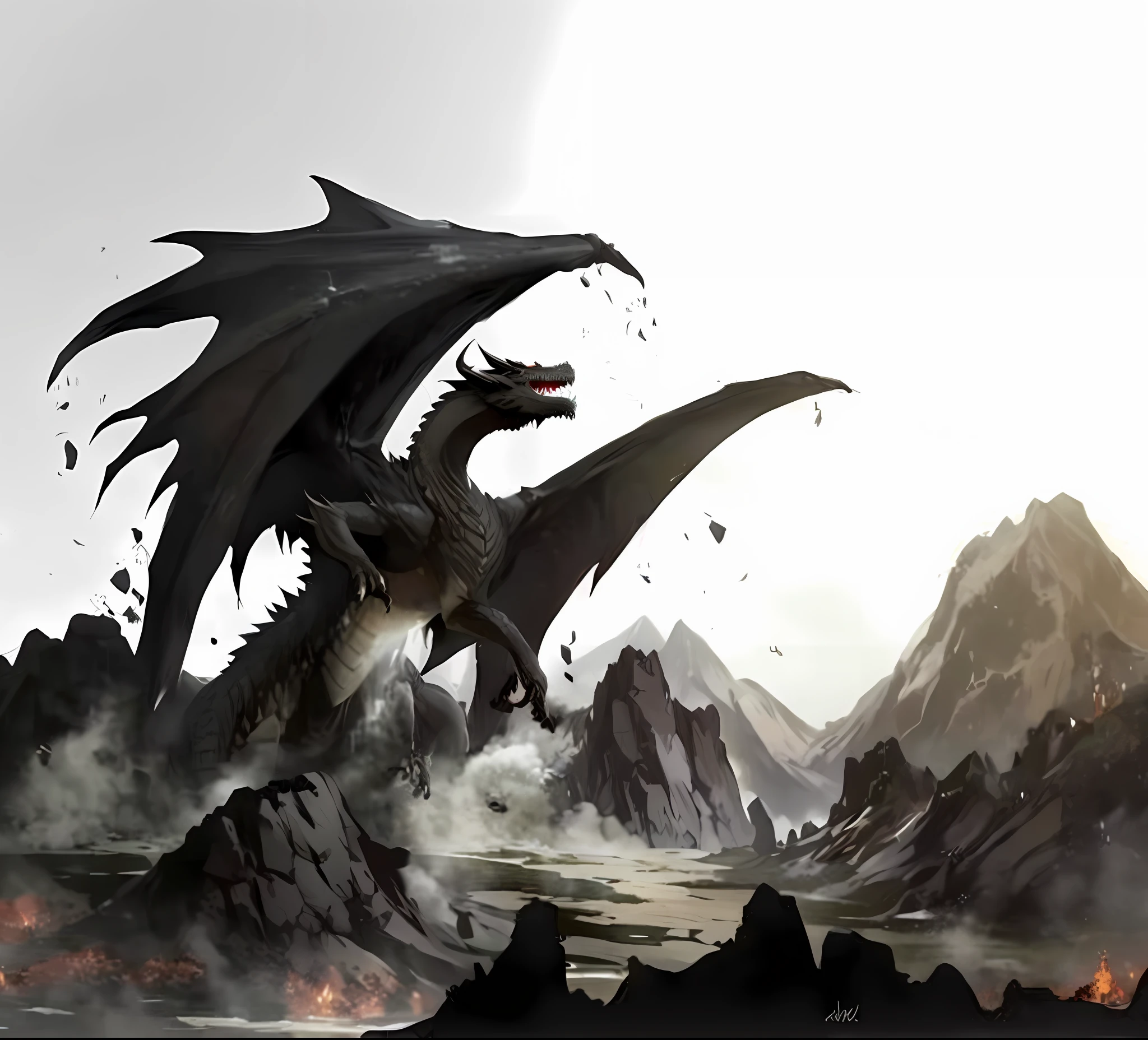 a closeup of a dragon flying over a mountain with a sky background, black dragon, Ancalagon o Preto, Alduin, epic dragon, dragon in the background, Drogon, art of dragon, A majestic gothic dragon, battle with dragon, A dragon, dragon flying in the background, Dragoned, por Yang J, dragon with scars, dragon flying