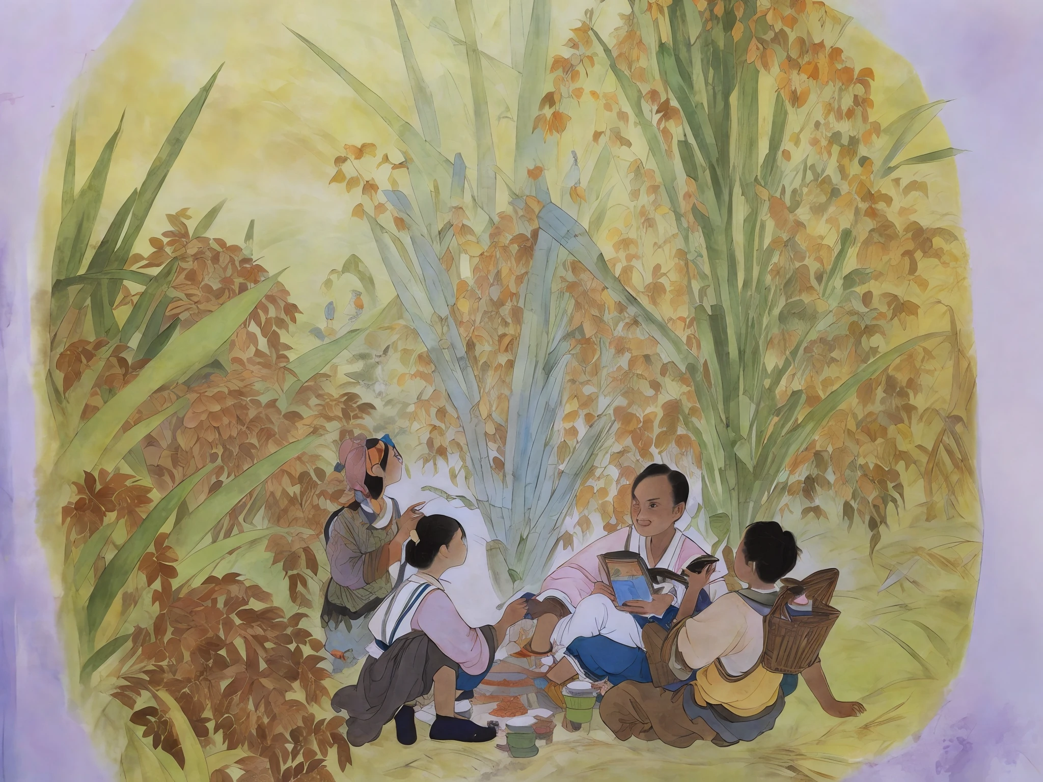 Three people sat on a rice field,inspired by Randolph Caldecott, Children's illustration, Children's book illustration, children's book illustrations, by Chizuko Yoshida, children's book illustrations, children's book illustrations, full-colour illustration, author:Ayako hexagon, vignette illustration, author:Yang Borun, children's book illustrations --auto