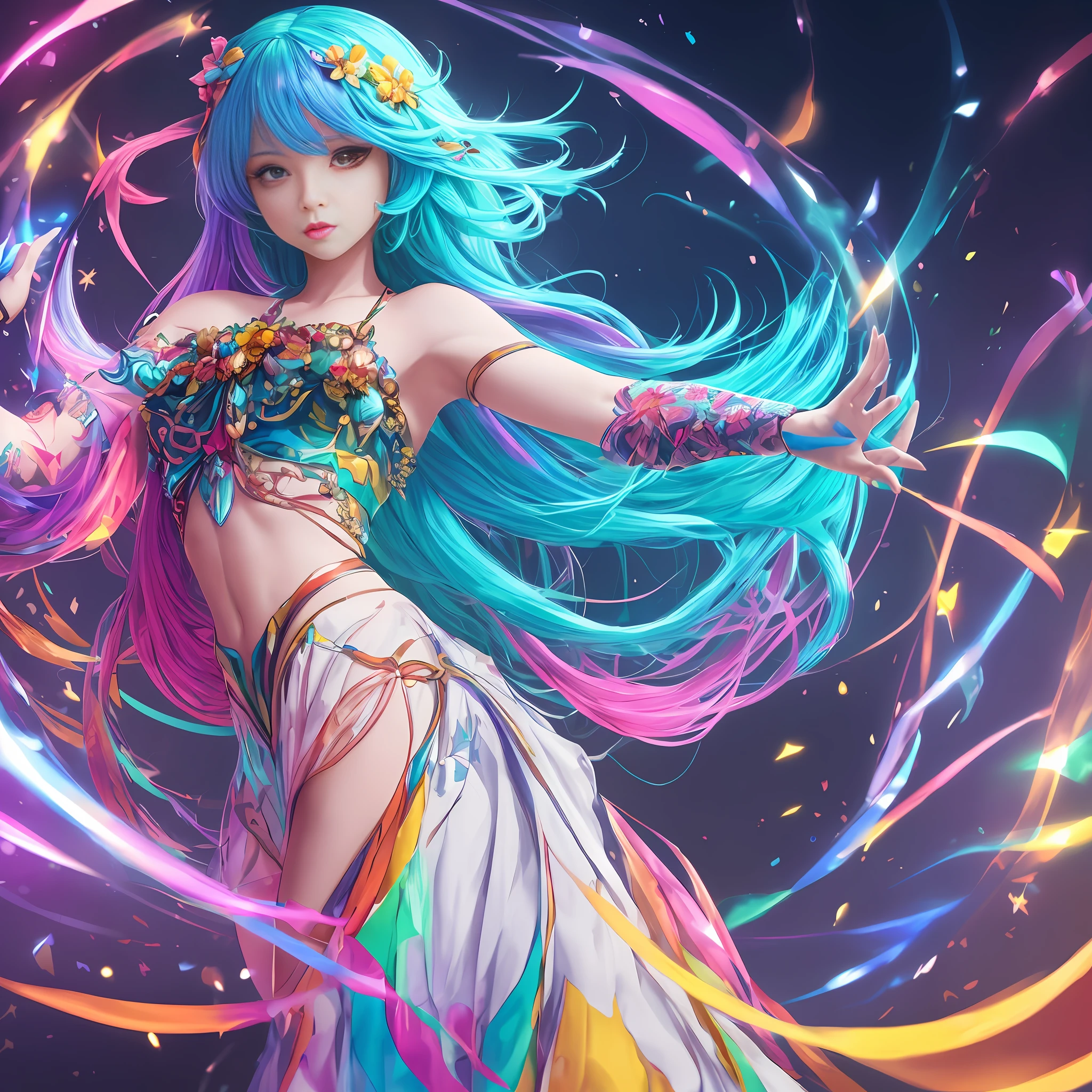 (masterpiece), (The best illustrations), (Singing Girl), (rainbow-colored hair), Pose with your hands in front of you, anime backgrounds, Anime design, Iridescent halo, Beautifully lit concert, (the Extremely Detailed CG Unity 8K Wallpapers),(masterpiece), (top-quality), (ultra-detailliert), (The best illustrations), (Best Shadows), Perfect litthing, perfect anatomia, vivd colour, --auto