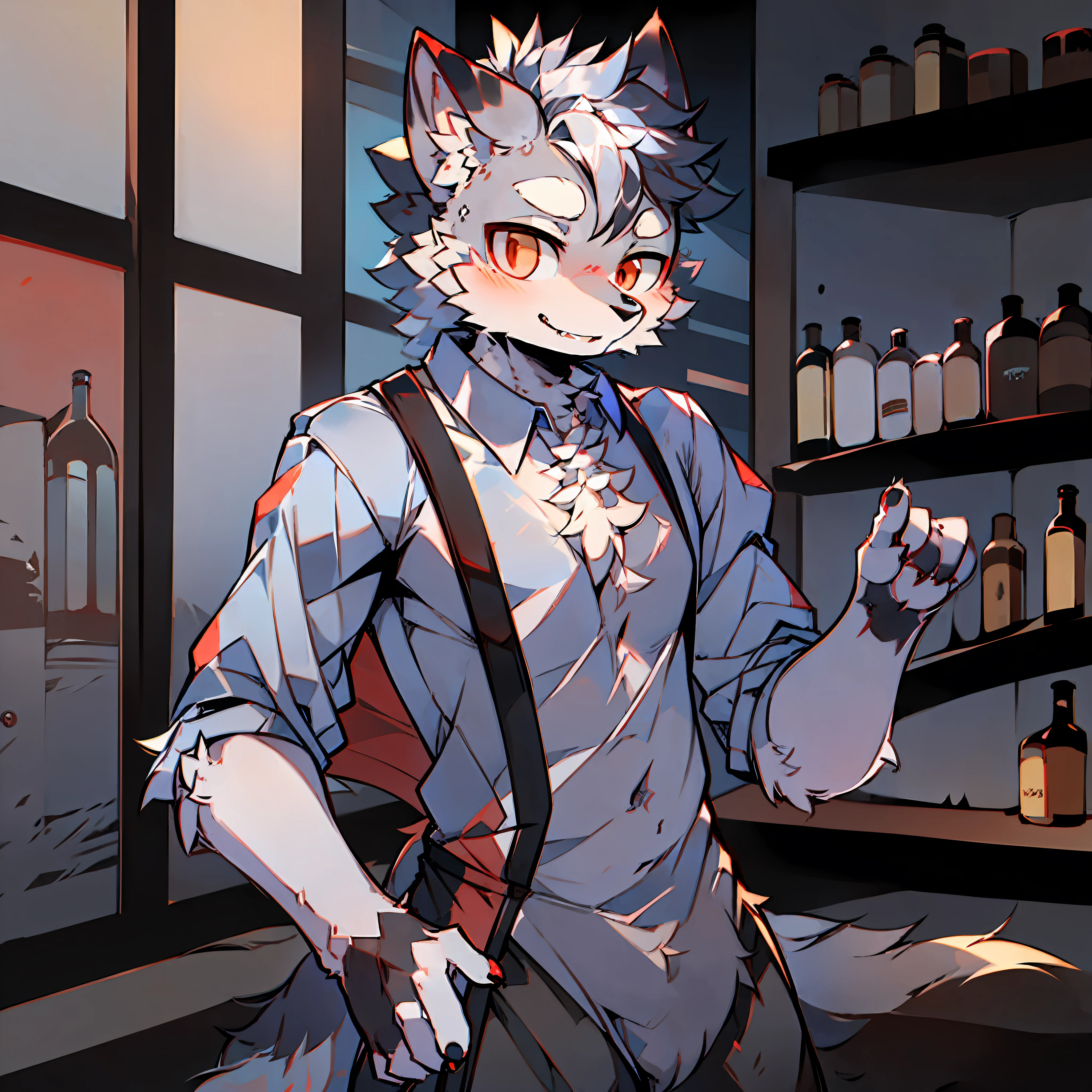 single ,furry male,wolf,gray-black fur,red eyes,bartender,waiter dress
