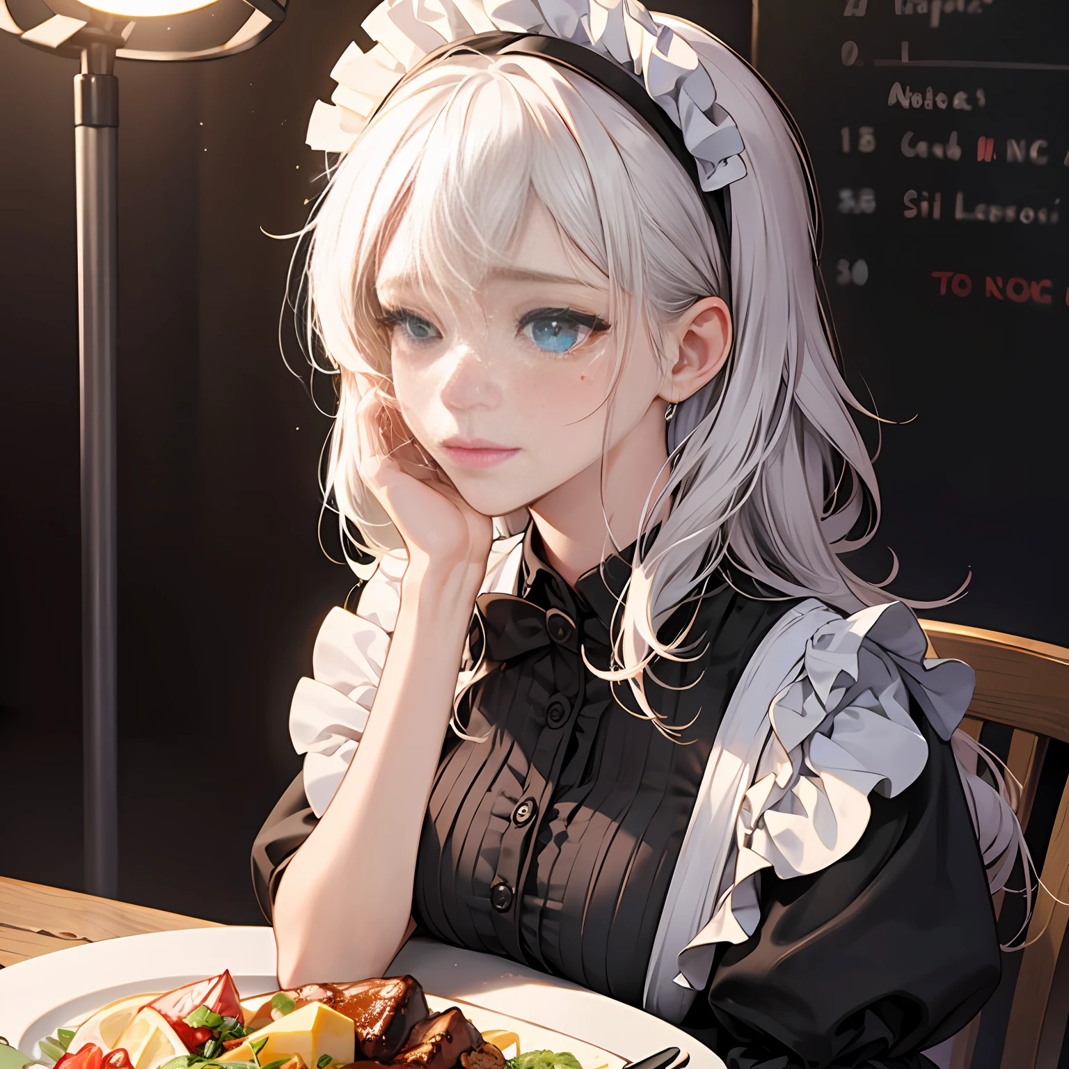 Big breasts maid sitting, white hair, messy hair, maid headdress, mole under eye, tears, tears, happy tears, heterochromia, food on face, blush, food on face, mouth hold, high detail, cinematic lighting, ray tracing, bust chart, bust chart, UHD, masterpiece, super detail, high details, high quality, best quality, 16k --auto