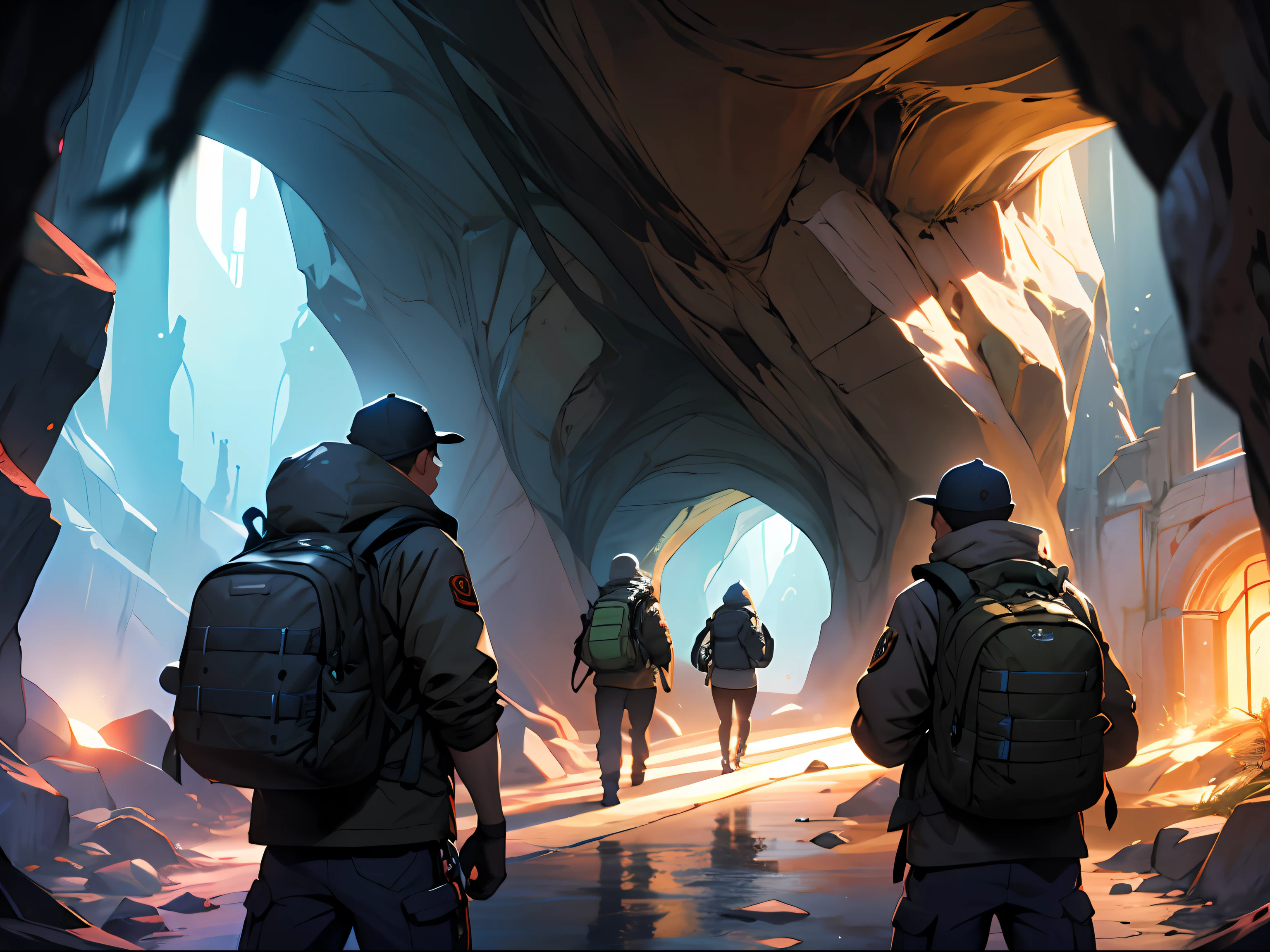 explore,Four people,inside a cave,Deep,mistic,shadowy,headlight,backpacks,Republican style