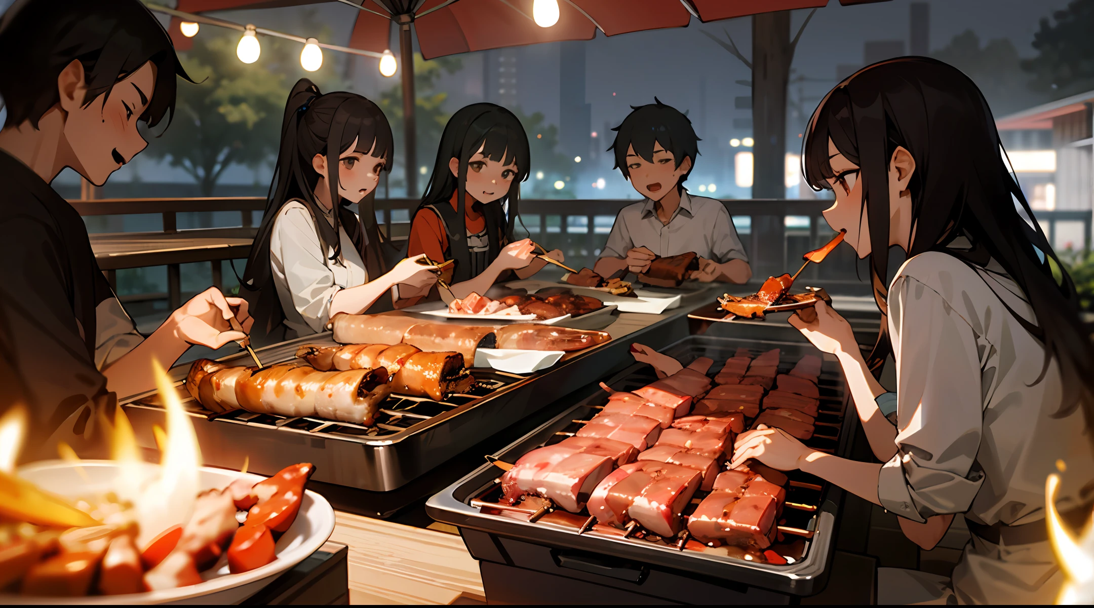 Girls eat barbecue with relatives in the evening