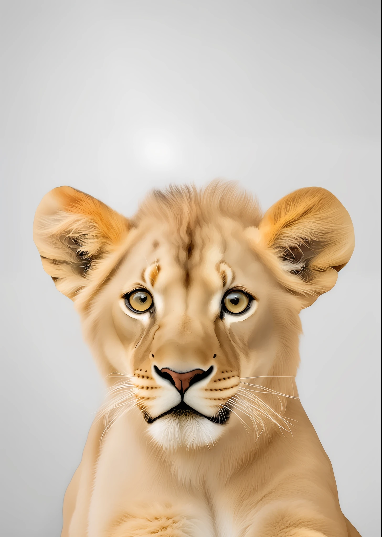 There is a baby lion cub sitting on a white surface, Cute lion, face of an lion, cute animal, curious expressions, portrait of a lion, lioness, Close portrait, half lion, close up portrait shot, close up portrait shot, animal portrait, inquisitive eyes, front portrait, digital art animal photo, the Lion, lion, Inspired by Leo Leuppi's watercolor style, the blank space above reads the text be brave