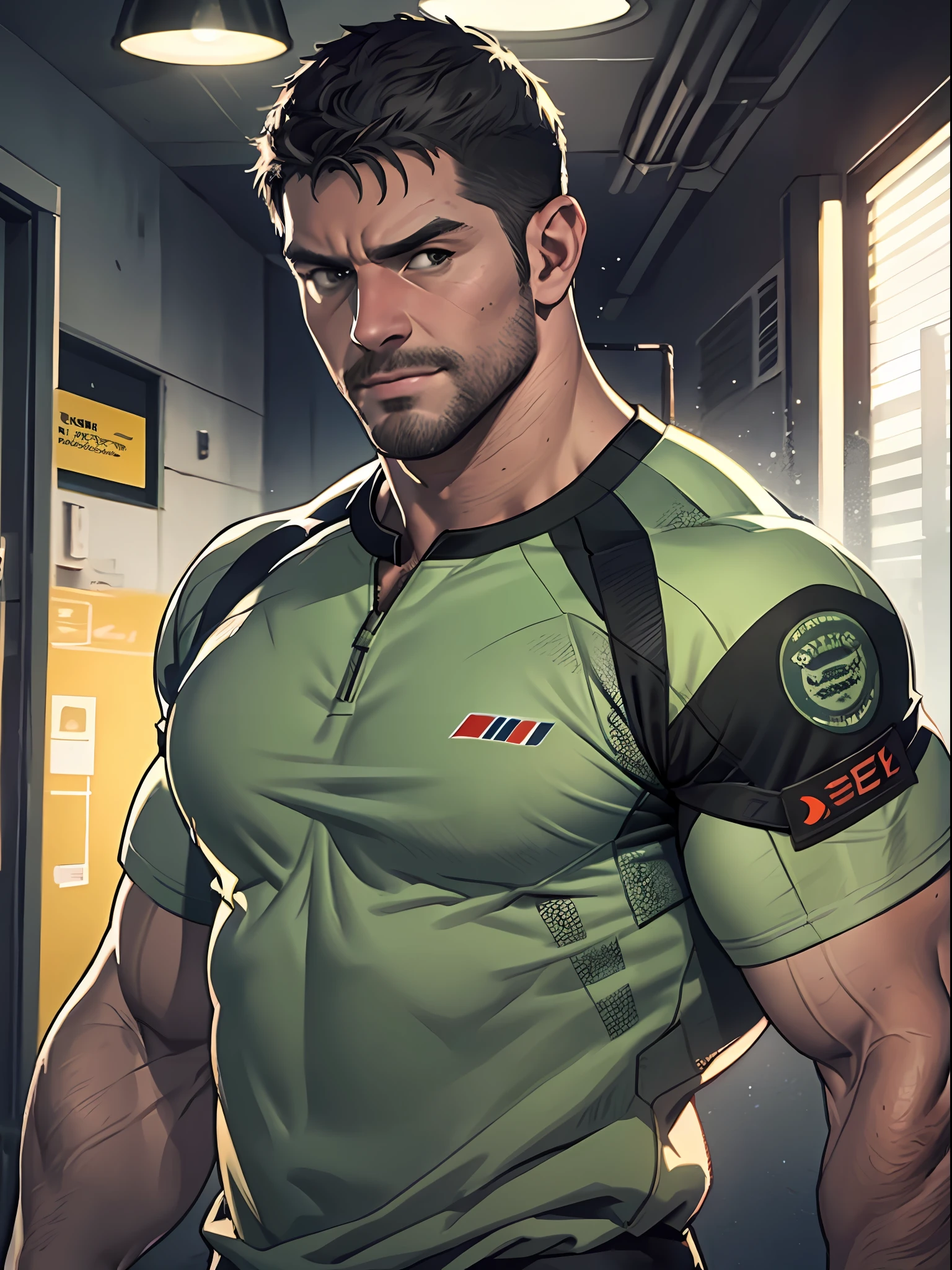 1 man, solo, 35 year old, Chris Redfield, wearing grey T shirt, smirks, green color on the shoulder and a bsaa logo on the shoulder, millitary tactical suit, tall and hunk, biceps, abs, chest, best quality, masterpiece, high resolution:1.2, upper body shot, dark black gloomy hallway in the background, detailed face, shadow, volumetric lighting, upper body shot, low camera angle