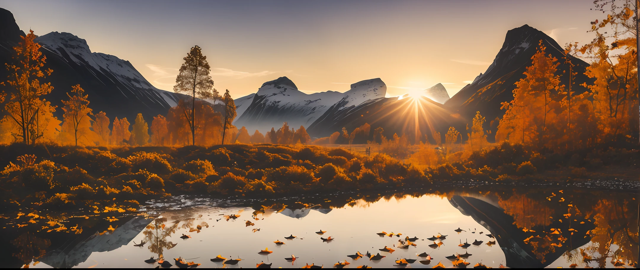 The sunset and the lone duck fly together, and the autumn water is the same color as the sky