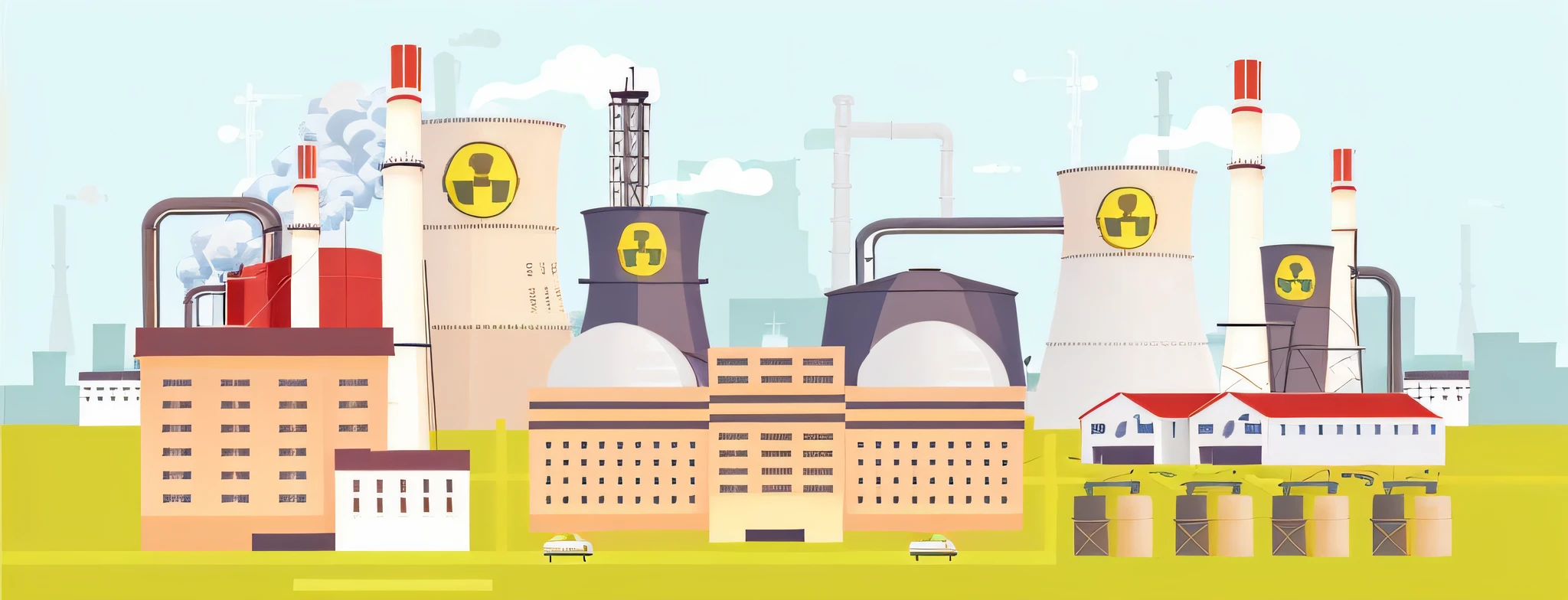 Illustration of a factory with a nuclear symbol at the top, nuclear reactor, nuclear power plant, nuclear energy future, nuclear power, Nuclear background, serene post-nuclear background, nuclear waste, Flat illustration, nuclear, , nuclear power, reactor, power plants, Factory background, chemical plant, power plants with smoke